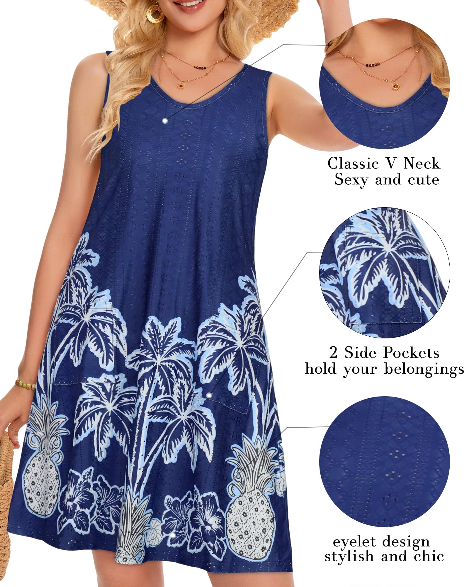 Swimsuit Coverup Summer Dresses for Women Eyelet Casual Loose Sleeveless Sundress with Pockets (Blue Trees, L)