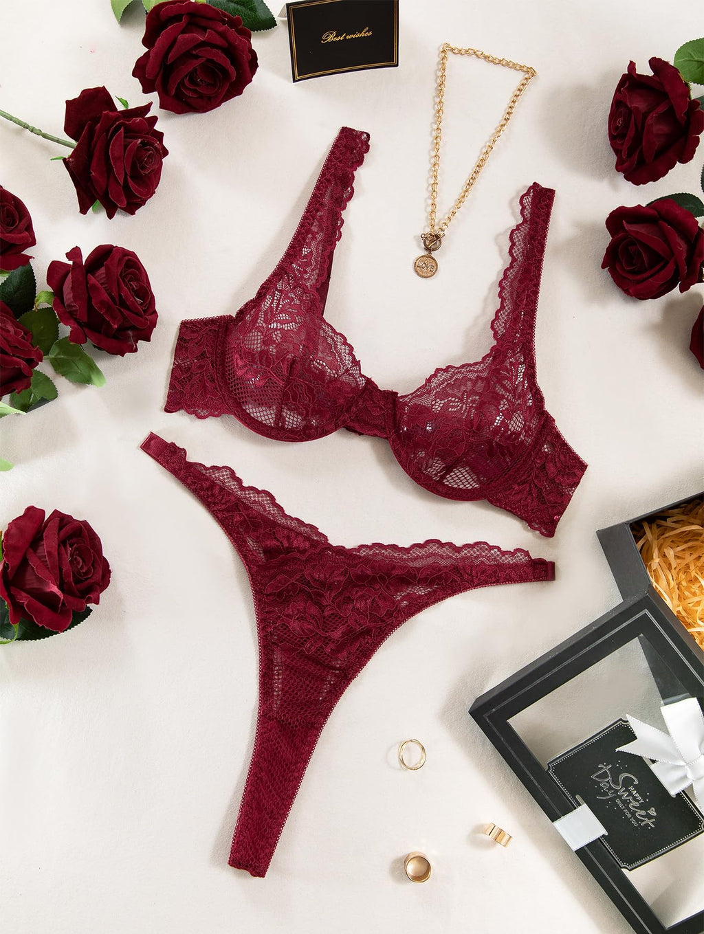 Lilosy Petite Sexy Floral Lace Scallop Underwire Push Up Sheer Lingerie Set Outfits Women See Through Match Thong Bra and Panty 2 Piece Burgundy Red #2 XXX-Small