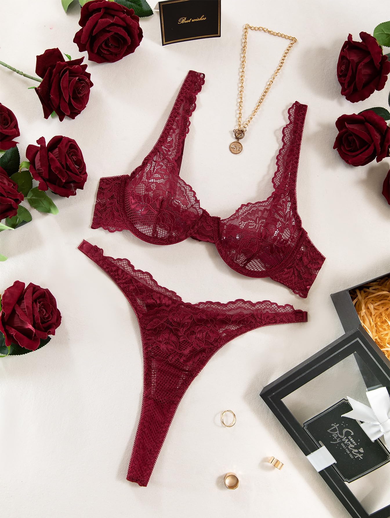 Lilosy Petite Sexy Floral Lace Scallop Underwire Push Up Sheer Lingerie Set Outfits Women See Through Match Thong Bra and Panty 2 Piece Burgundy Red #2 XXX-Small