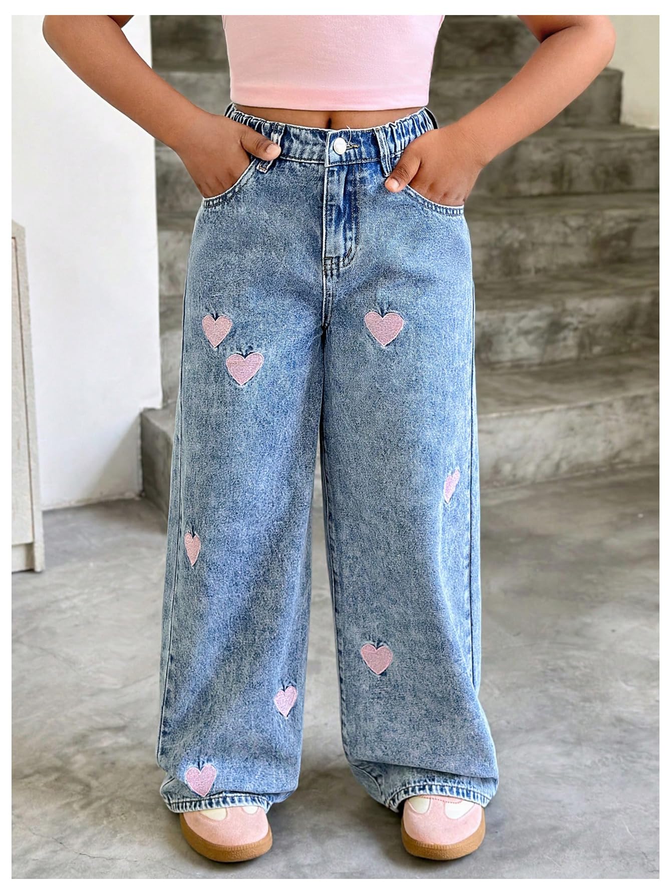 WDIRARA Girl's Heart Embroidered Y2k Denim Pants Elastic High Waist Wide Leg Jeans with Pockets Light Blue 8Y