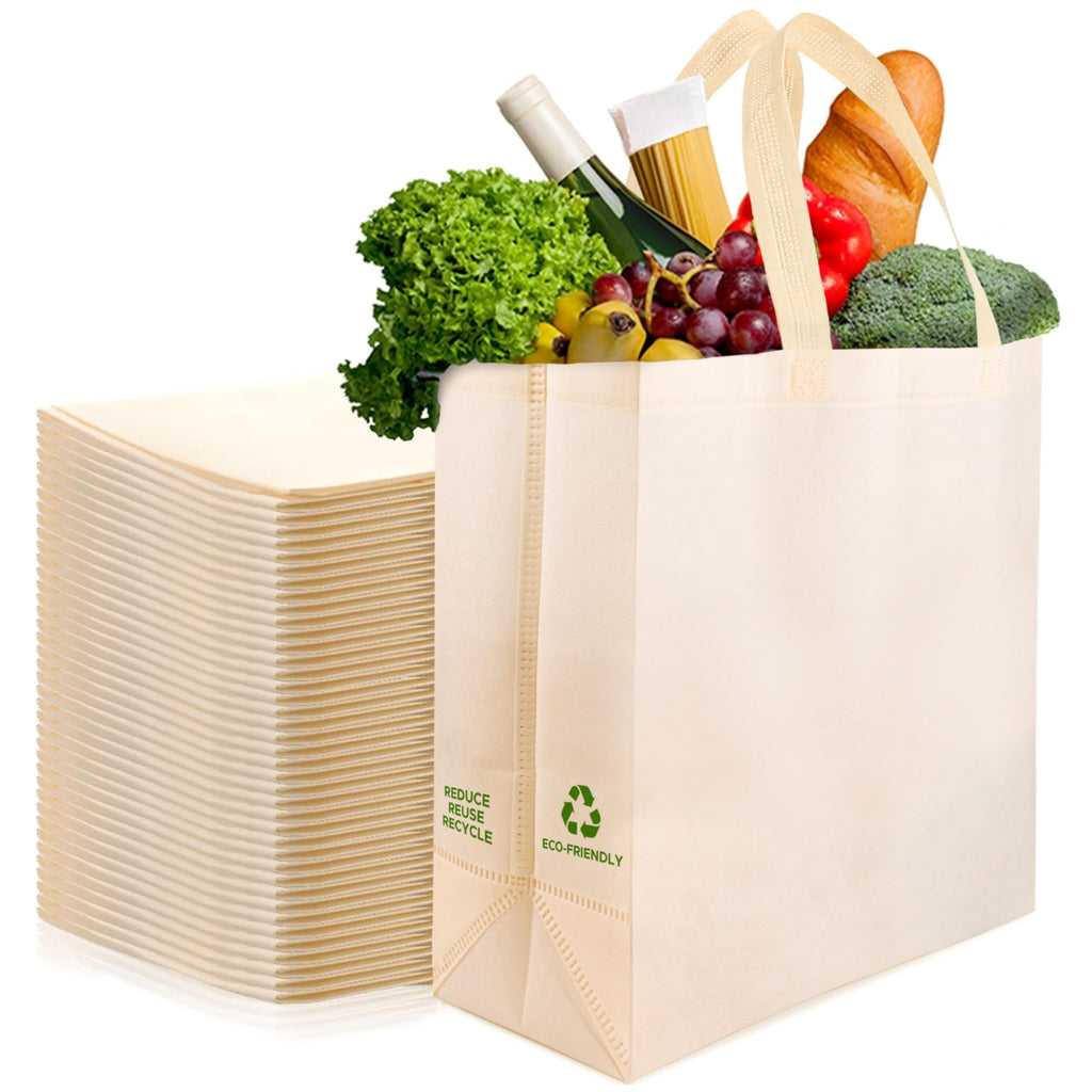 Simply Cool Reusable Grocery Bags Eco-Friendly - Large Reusable Shopping Bags, Heavy Duty Grocery Bags, 14.5"x14"x6.6" Foldable, Tote Bags Bulk (50 Pack, Cream)