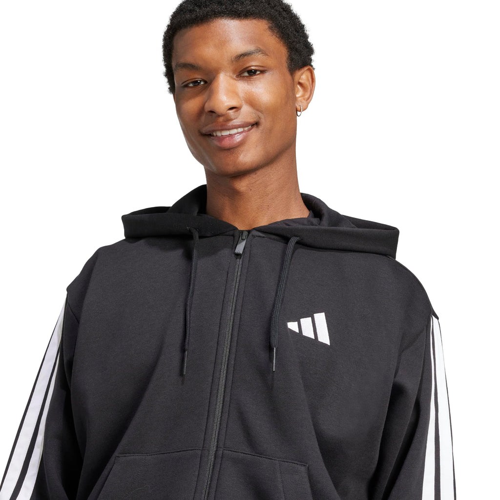 adidas Men's Essentials 3-Stripes Fleece Full-Zip Hooded Track Top, Black/White, Large