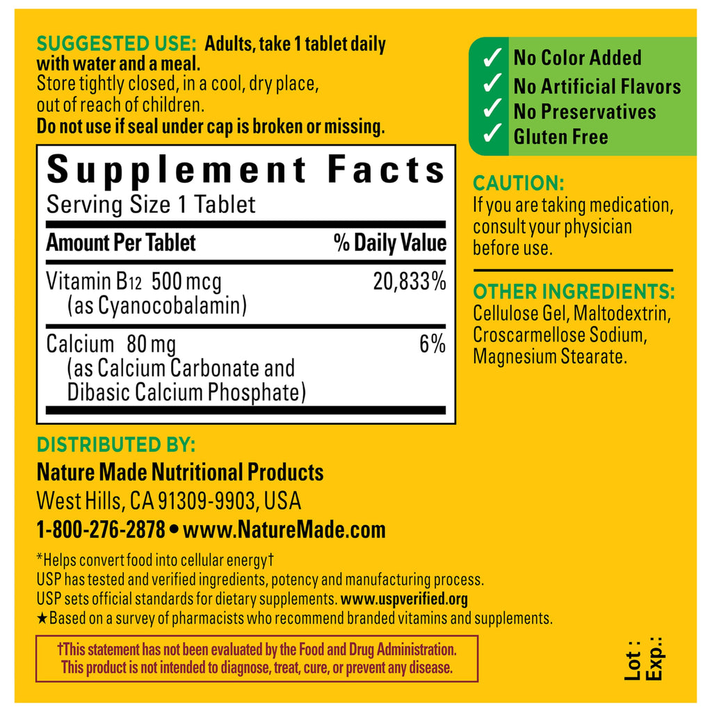 Nature Made Vitamin B12 500 mcg, Dietary Supplement for Energy Metabolism Support, B12 Vitamins 500 mcg, 200 Tablets, 200 Day Supply