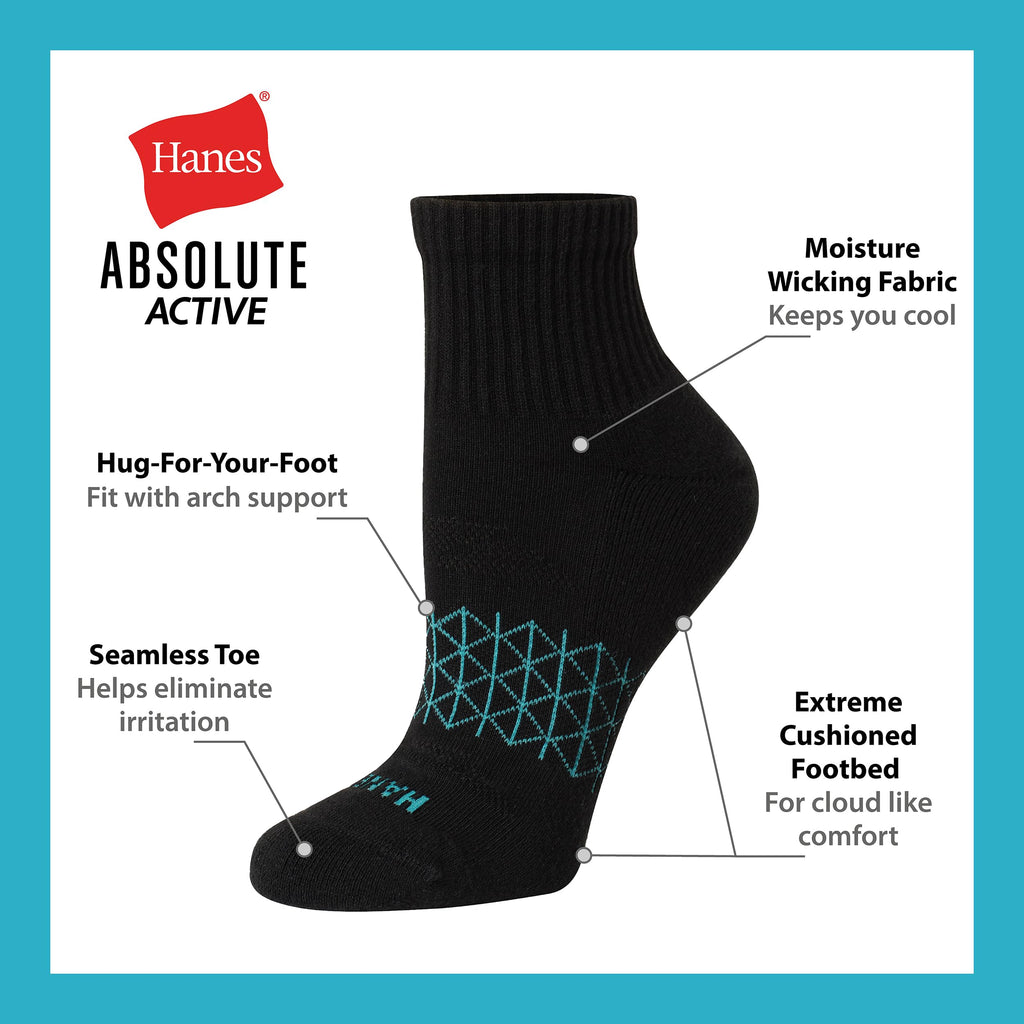 Hanes Women's Cushioned Ankle Socks, Absolute Active Ankle Socks for Women, Seamless Toe, 4-Prs