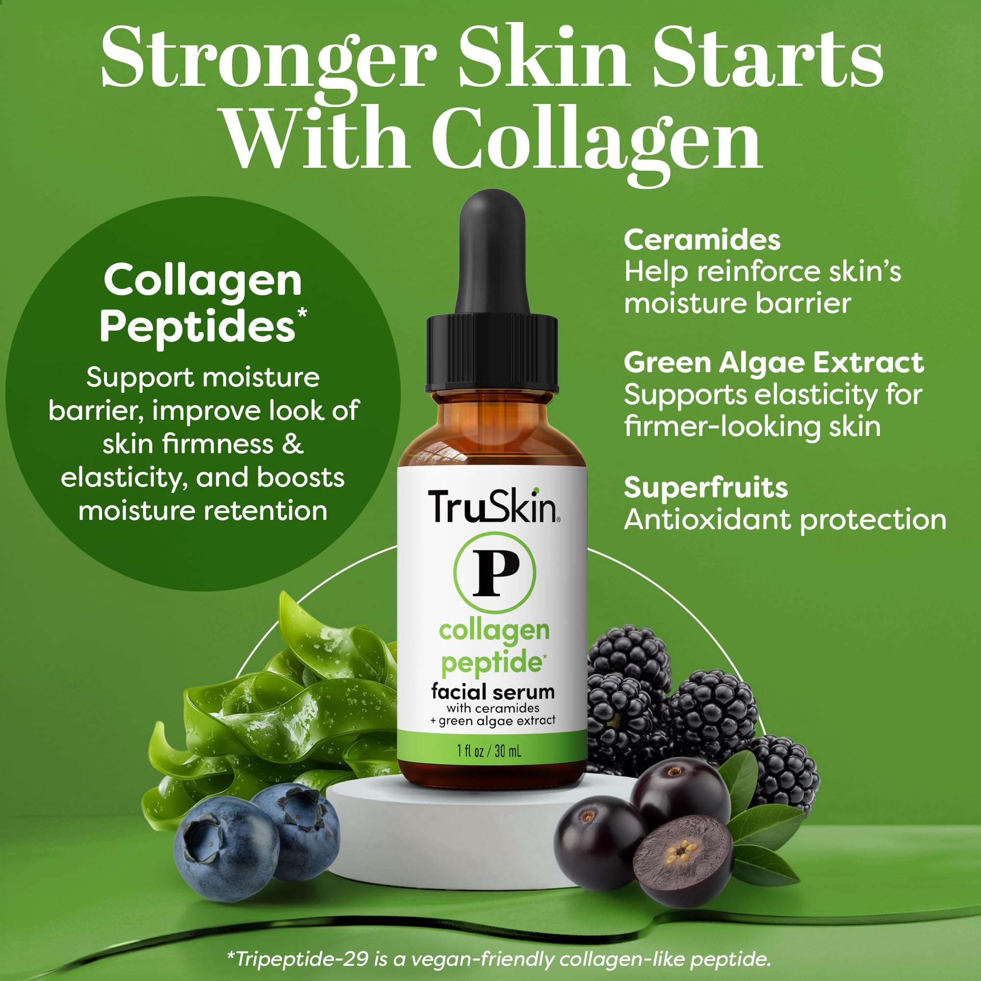 TruSkin Peptide Serum for Face - Pro Collagen Multi-Peptide Anti-Aging Serum with Tripeptide-29 & Ceramides - Supports Skin’s Natural Collagen & Barrier for Firmer-Looking Skin, 1 fl oz