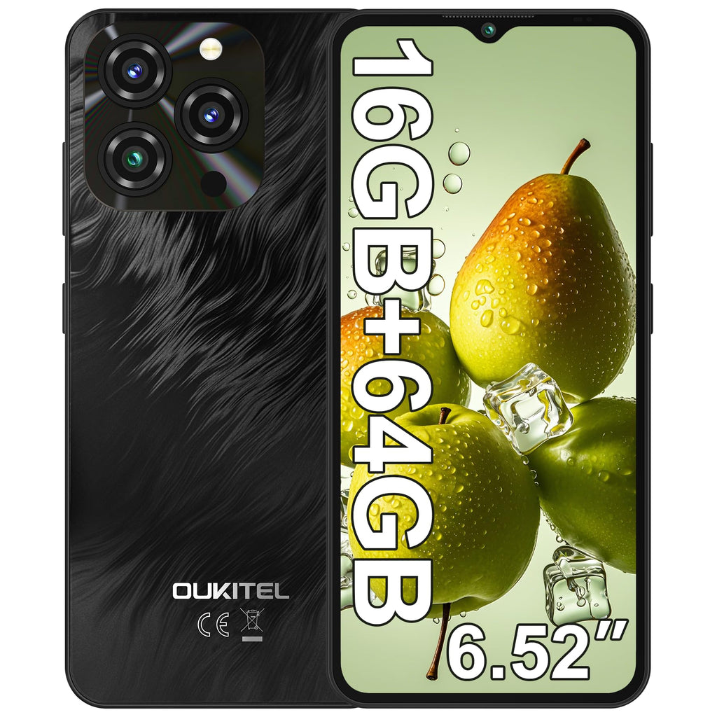 OUKITEL C3 Cell Phone Unlocked 2025-16GB RAM+64GB/TF 1TB ROM Smartphone, 5000mAh Battery, 6.52'' Waterdrop Screen, 13MP+5MP Camera, 4G Dual SIM Android Phone, Face ID/3.5mm Jack/GPS/BT5.0, Grey