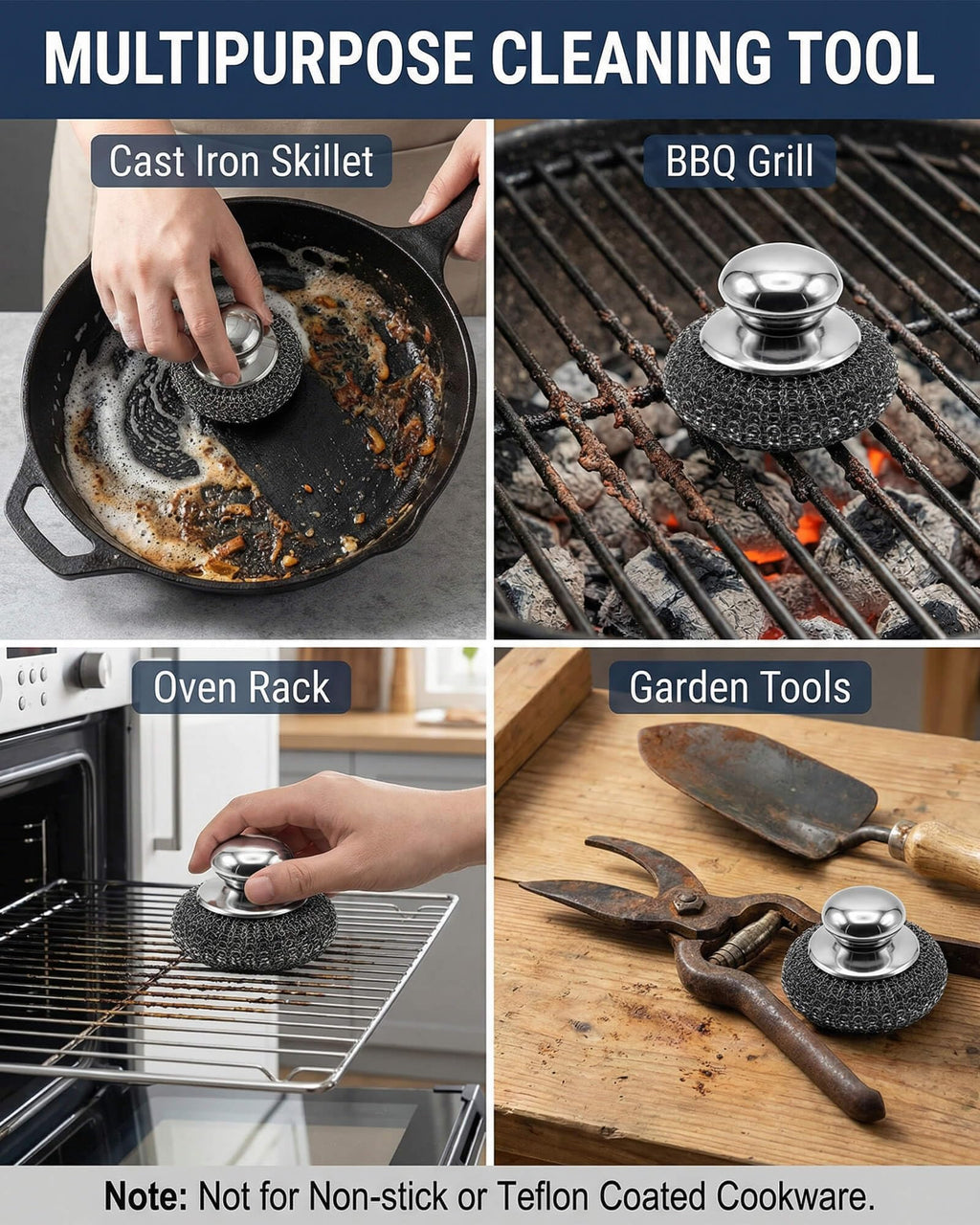 Soilleta 8 Pcs Steel Wool Scrubbers with 2 Pcs Handle,Stainless Steel Scouring Pads for Cast Iron Skillets, Grill & Kitchen Pots - Rust Resistant, Non-Splintering Heavy Duty for Tough Grease