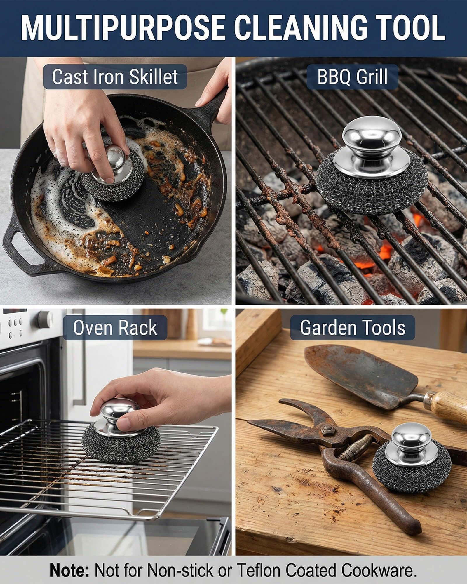 Soilleta 8 Pcs Steel Wool Scrubbers with 2 Pcs Handle,Stainless Steel Scouring Pads for Cast Iron Skillets, Grill & Kitchen Pots - Rust Resistant, Non-Splintering Heavy Duty for Tough Grease