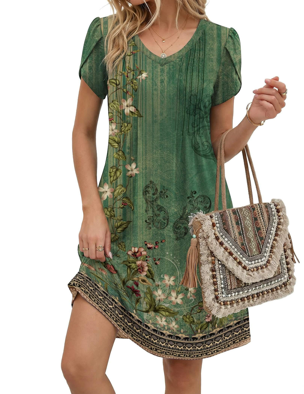 Zeagoo Floral Dresses for Women Casual Summer Dresses Fit and Flare Dress Loose Fit A Line Dress Boho Sundress, Green Floral 01