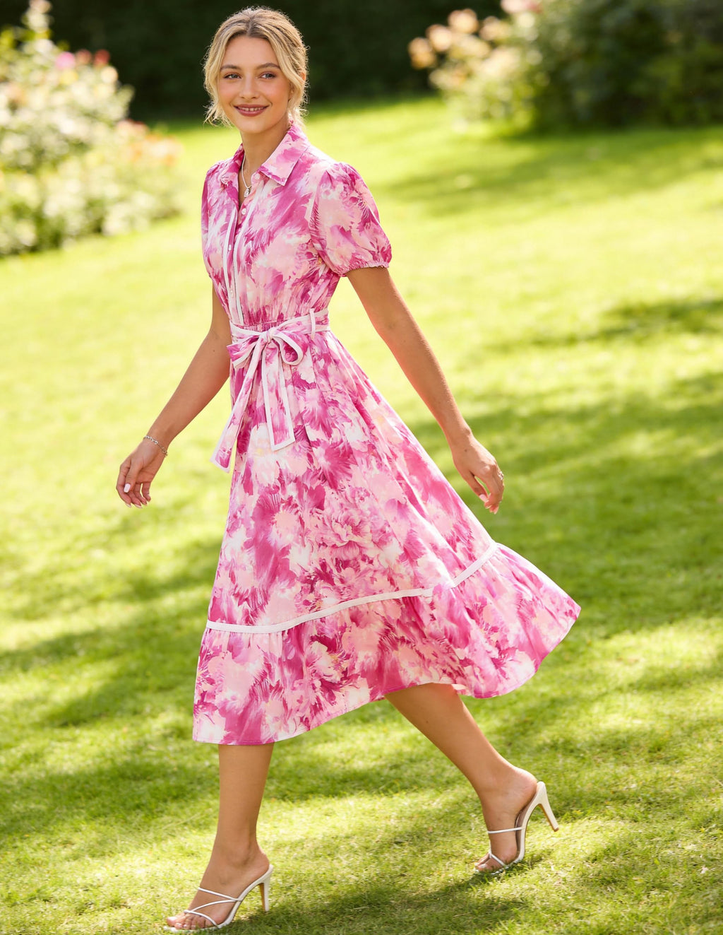 GRACE KARIN Women Summer Floral Maxi Dresses 2026 Wedding Guest Puff Sleeve Shirt Sundresses Boho Spring Clothes with Pockets Rose Floral S