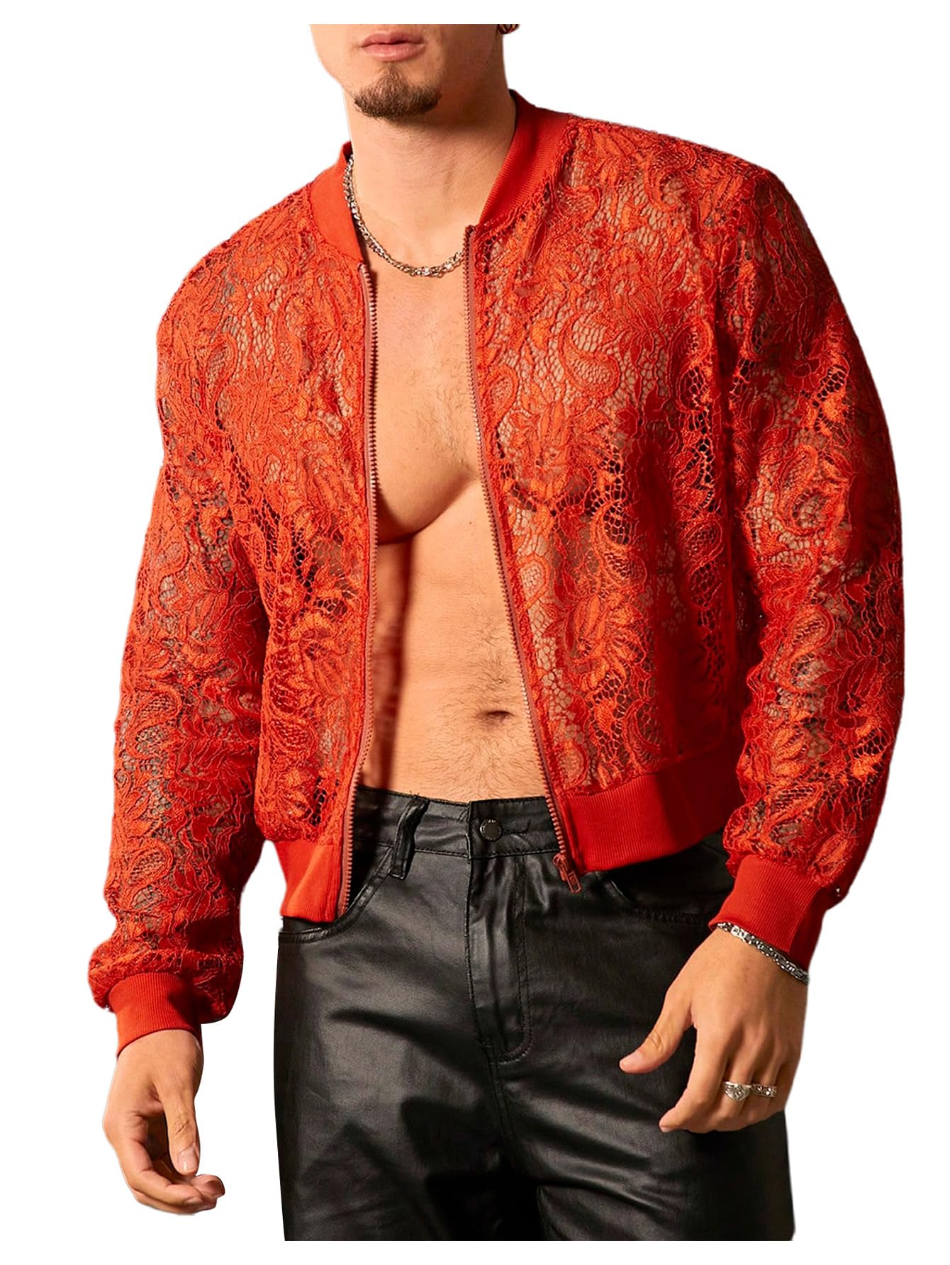 WDIRARA Men's Sheer Floral Lace Bomber Jackets Long Sleeve See Through Coats Zip Up Outerwear Red 3X-Large
