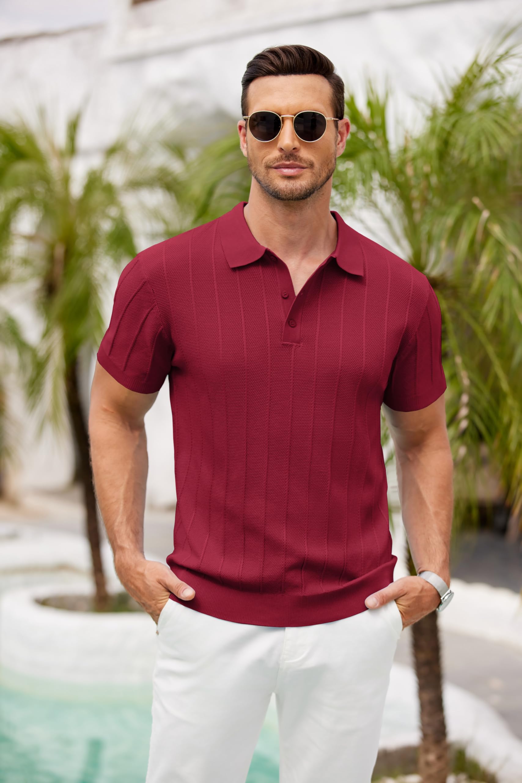COOFANDY Mens Golf Shirt Ribbed Knitted Polo Shirts Business Casual Polos Shirt Vintage Textured Collared Shirts Trendy Summer Clothes 2025 Wine Red