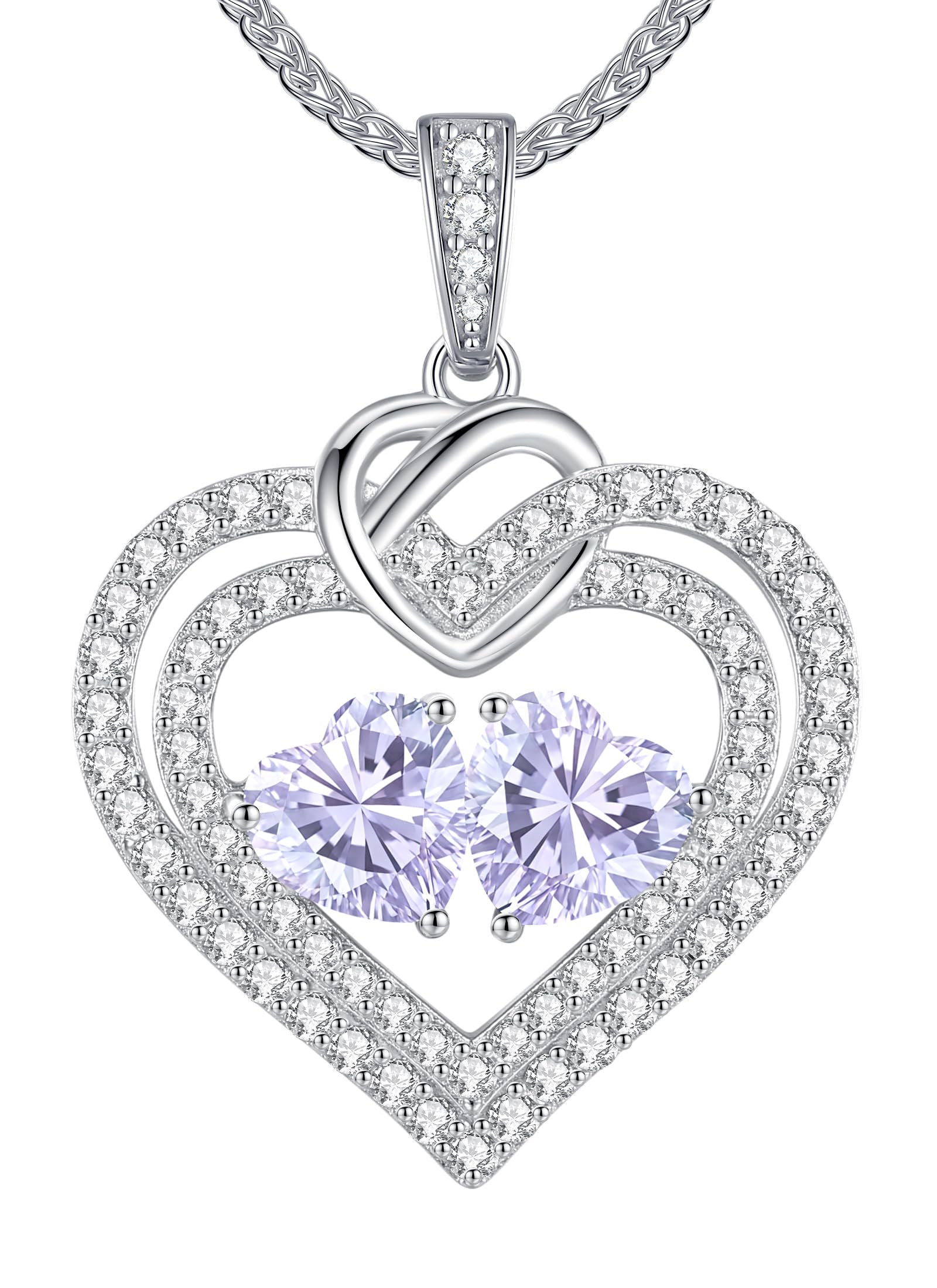 LOUISA SECRET Sparkling Double Heart Birthstone Necklaces for Women, 925 Sterling Silver Fine Jewelry, Pendant Heart Necklaces Birthday Anniversary Christmas Gift for Women Wife Mom Girlfriend Lady