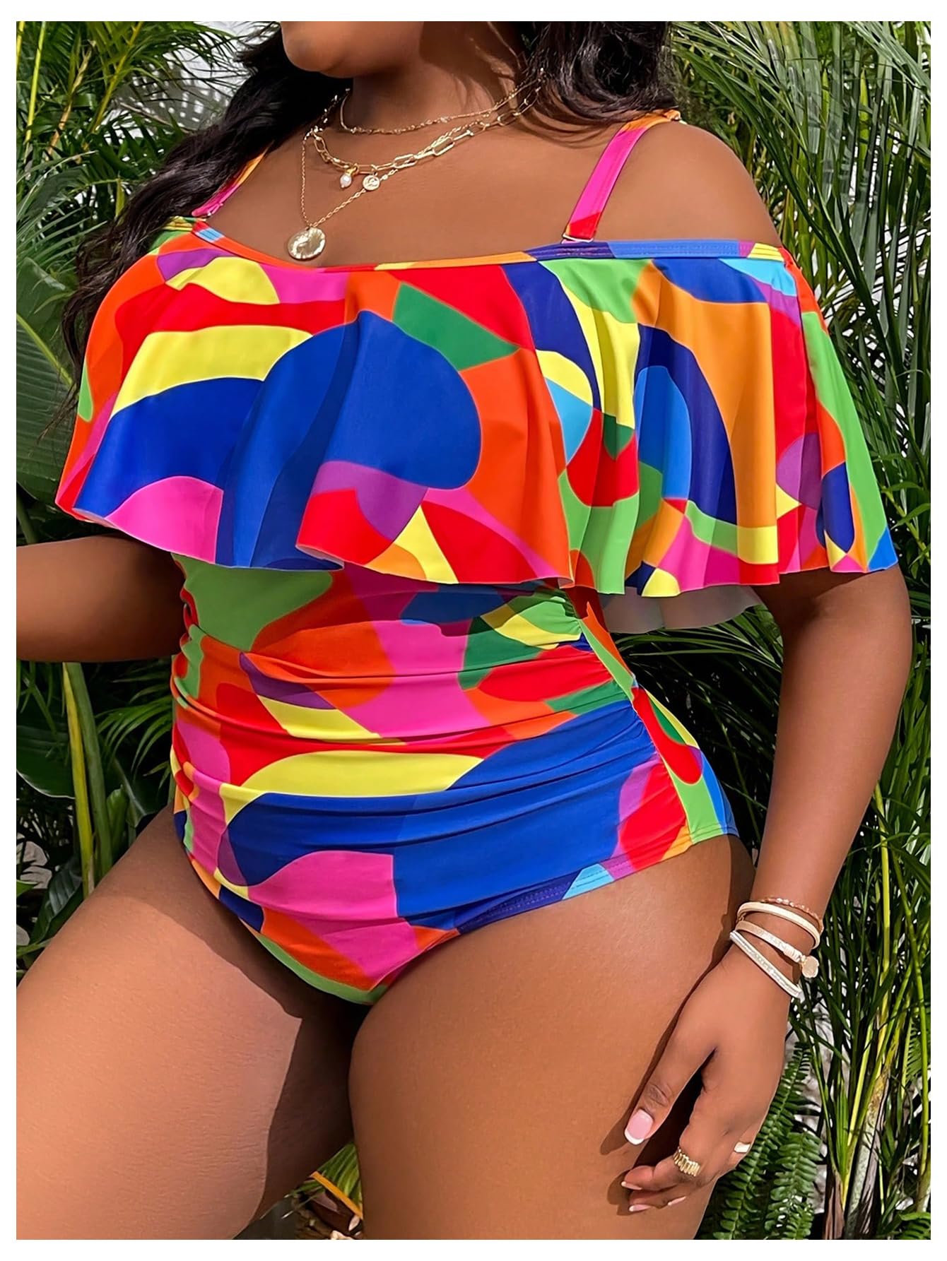 WDIRARA Women's Plus Size One Piece Swimsuit Color Block Ruffle Cold Shoulder Swimwear Multicolor X-Large Plus