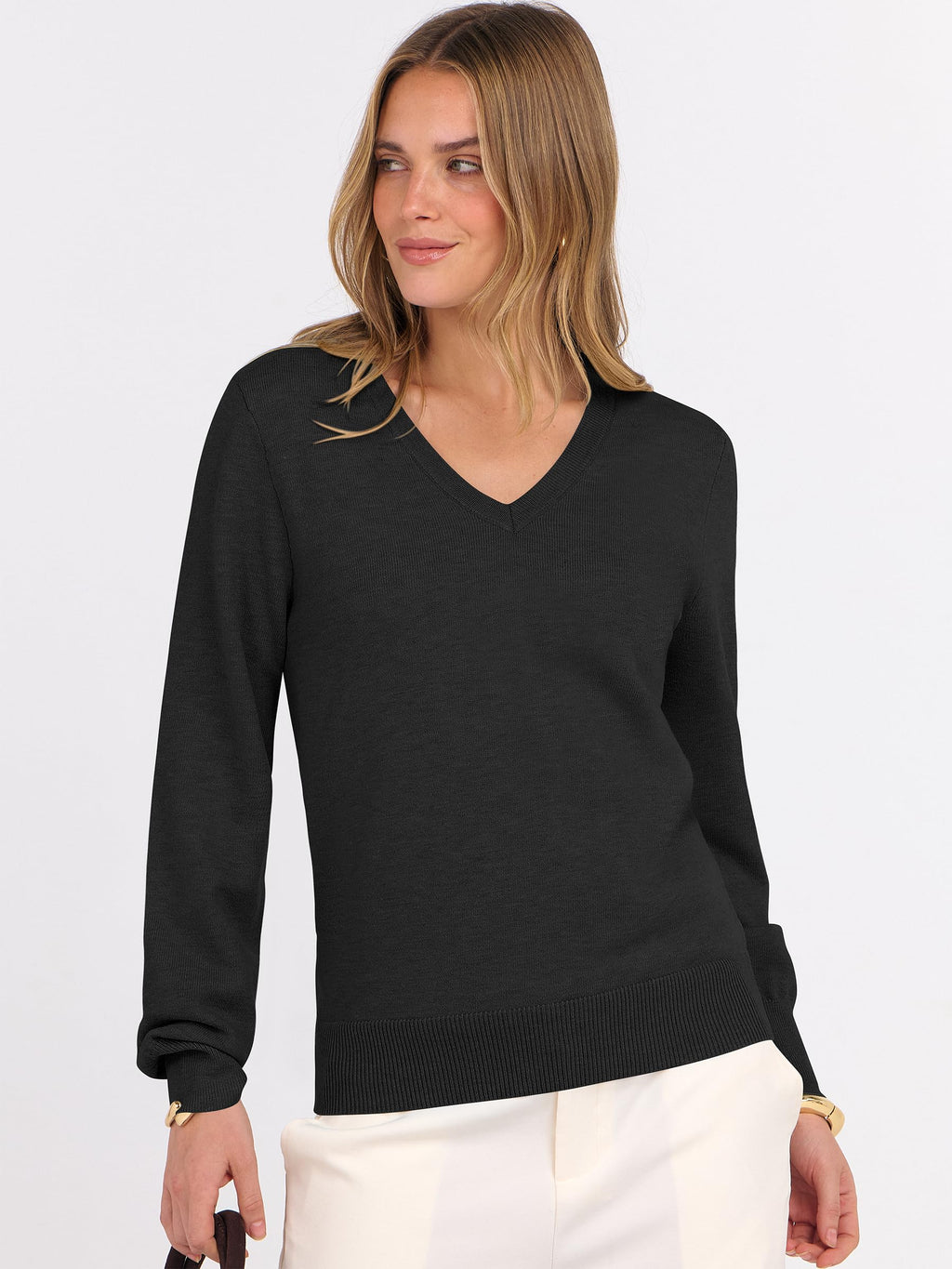 ANRABESS Womens Long Sleeve V Neck Sweaters 2025 Fall Casual Classic Soft Loose Fit Basic Pullover Jumper Top Black Large
