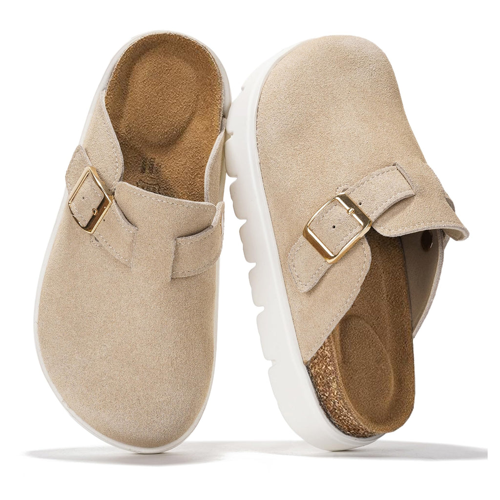 Project Cloud Chunky Kids Clogs – 100% Genuine Leather Clogs for Kids with Cork Footbed & Arch Support – Non-Slip Mules & Sandals for Girls Footwear (LilBentonChunky, BEIGESUEDE,11)