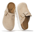 Project Cloud Chunky Kids Clogs – 100% Genuine Leather Clogs for Kids with Cork Footbed & Arch Support – Non-Slip Mules & Sandals for Girls Footwear (LilBentonChunky, BEIGESUEDE,11)