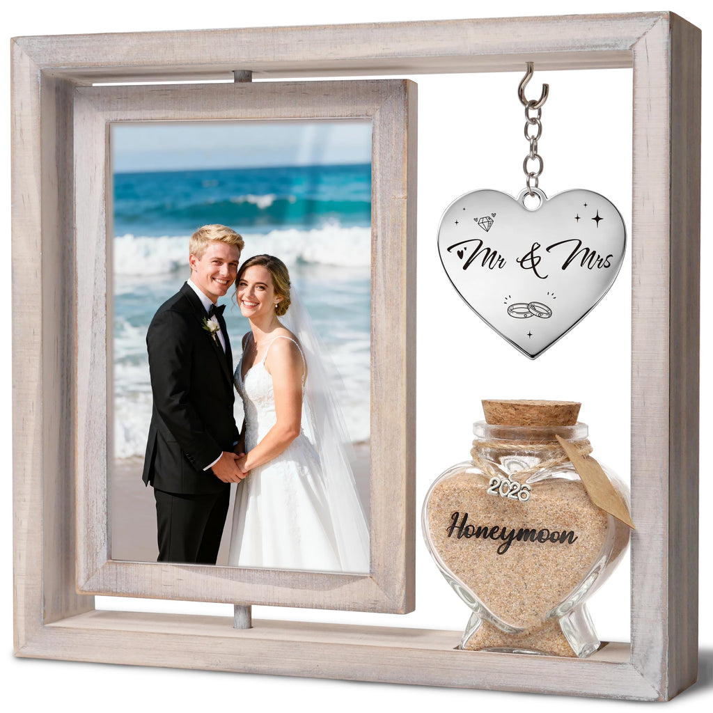 Wedding Gifts for Couples – 360° Rotating Double-Sided Picture Frame with Honeymoon Sand Keepsake Jar, Holds Two 4x6 Photos, Ideal for Bridal Shower, Mr & Mrs Engagement and Newlywed Gift Set (Mr&Mrs-White)