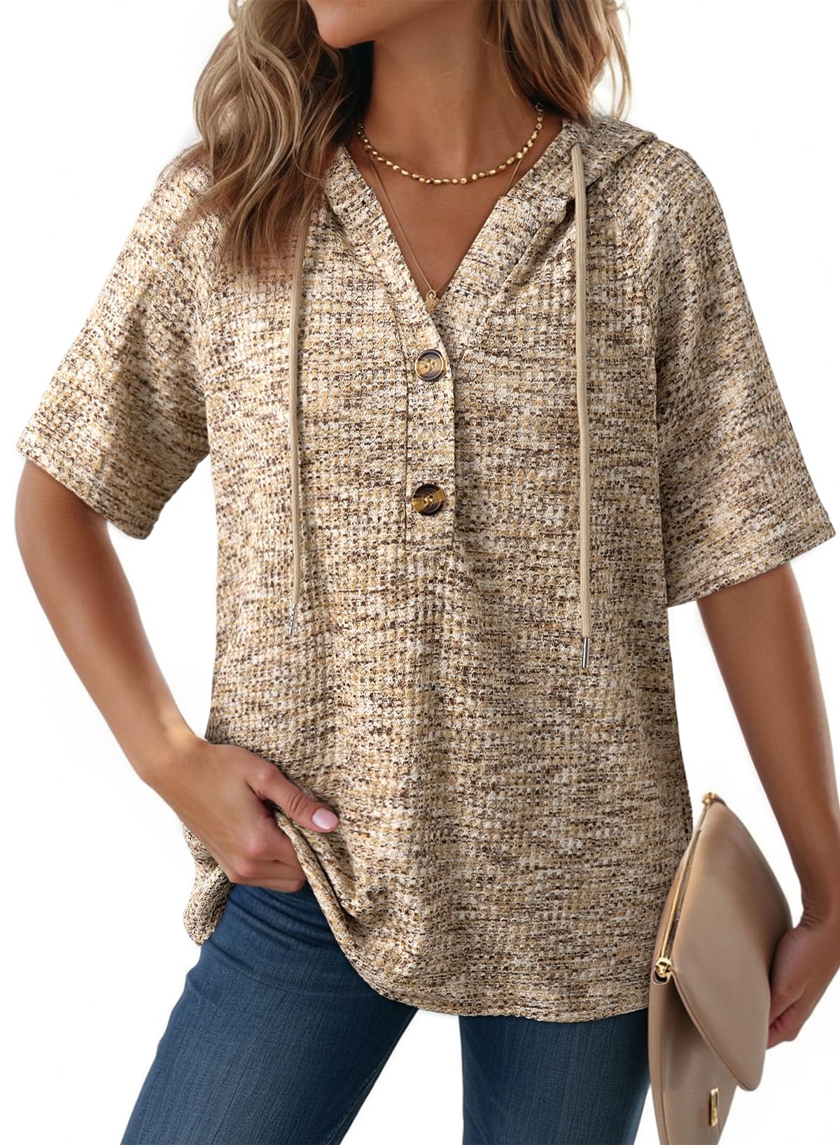 Dokotoo Summer Tops for Women Trendy Lightweight Soft Waffle Knit Short Sleeve T Shirts Hoodie Button Up V Neck Spring Casual Cute Blouses Resort Wear Pullover Sweatshirt Sweater Top Apricot Large