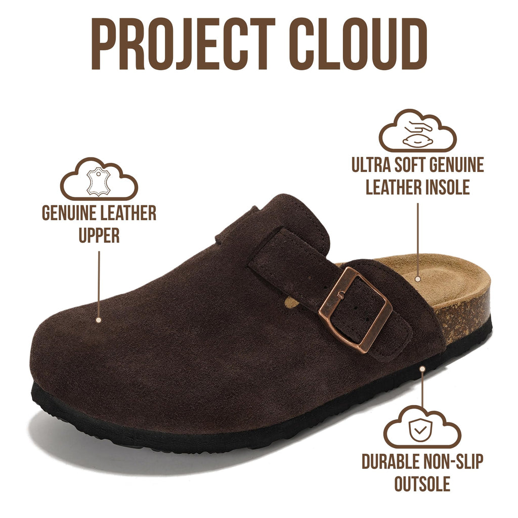 Project Cloud Genuine Leather Footbed Clogs for Women - Memory Foam Arch Support Slippers for Women - Trendy Slip-ons Women's Mules & Clogs Sandals (Benton, CHOCBRWNSUED, 6.5)