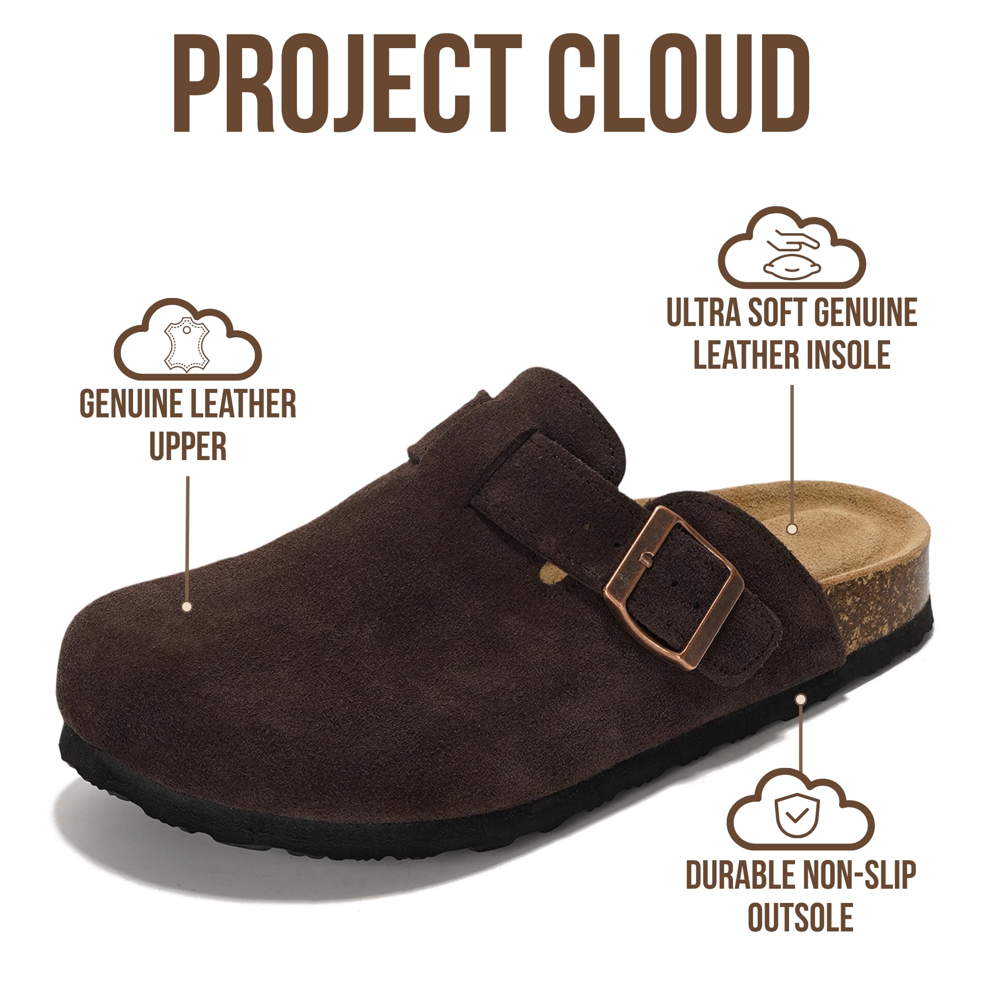 Project Cloud Genuine Leather Footbed Clogs for Women - Memory Foam Arch Support Slippers for Women - Trendy Slip-ons Women's Mules & Clogs Sandals (Benton, CHOCBRWNSUED, 6.5)