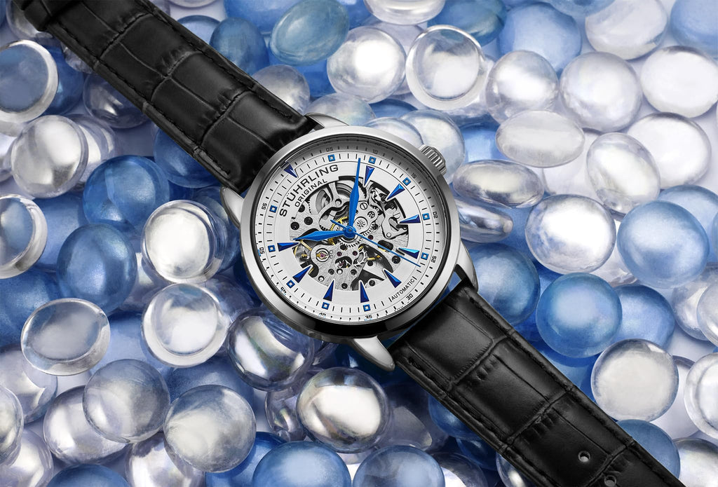 Stuhrling Original Mens Skeleton Automatic Dress Watch with Alligator Embossed Leather Strap Skeleton Dial