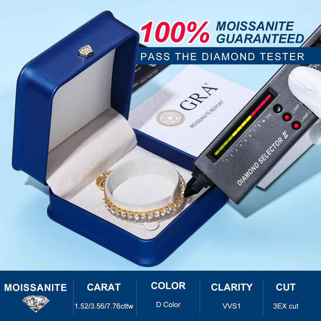 Moissanite Tennis Bracelet, 8.69 Carats Adjustable Bracelet for Women 18K Yellow Gold Plated S925 Sterling Silver Tennis Bracelet D Color VVS1 Round Cut 4MM Moissanite Bracelet Non Tarnish Bracelets