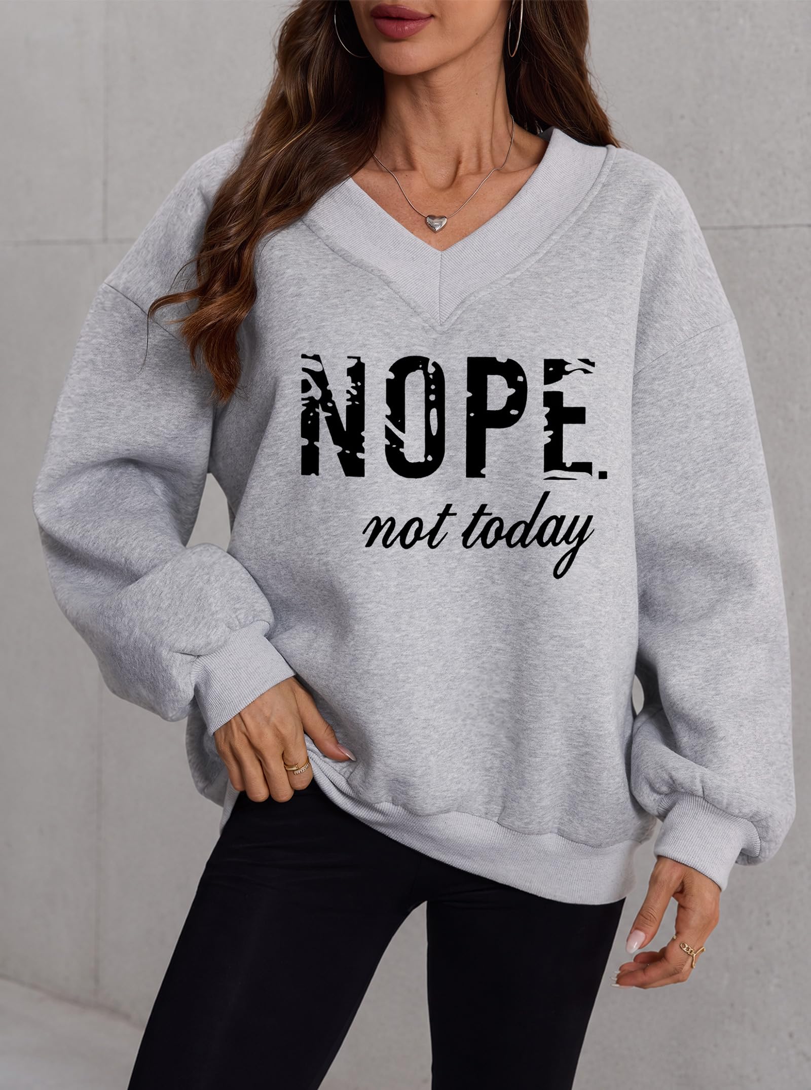 Women V Neck Oversized Sweatshirts Graphic Pullover Grey NOPE X-Large