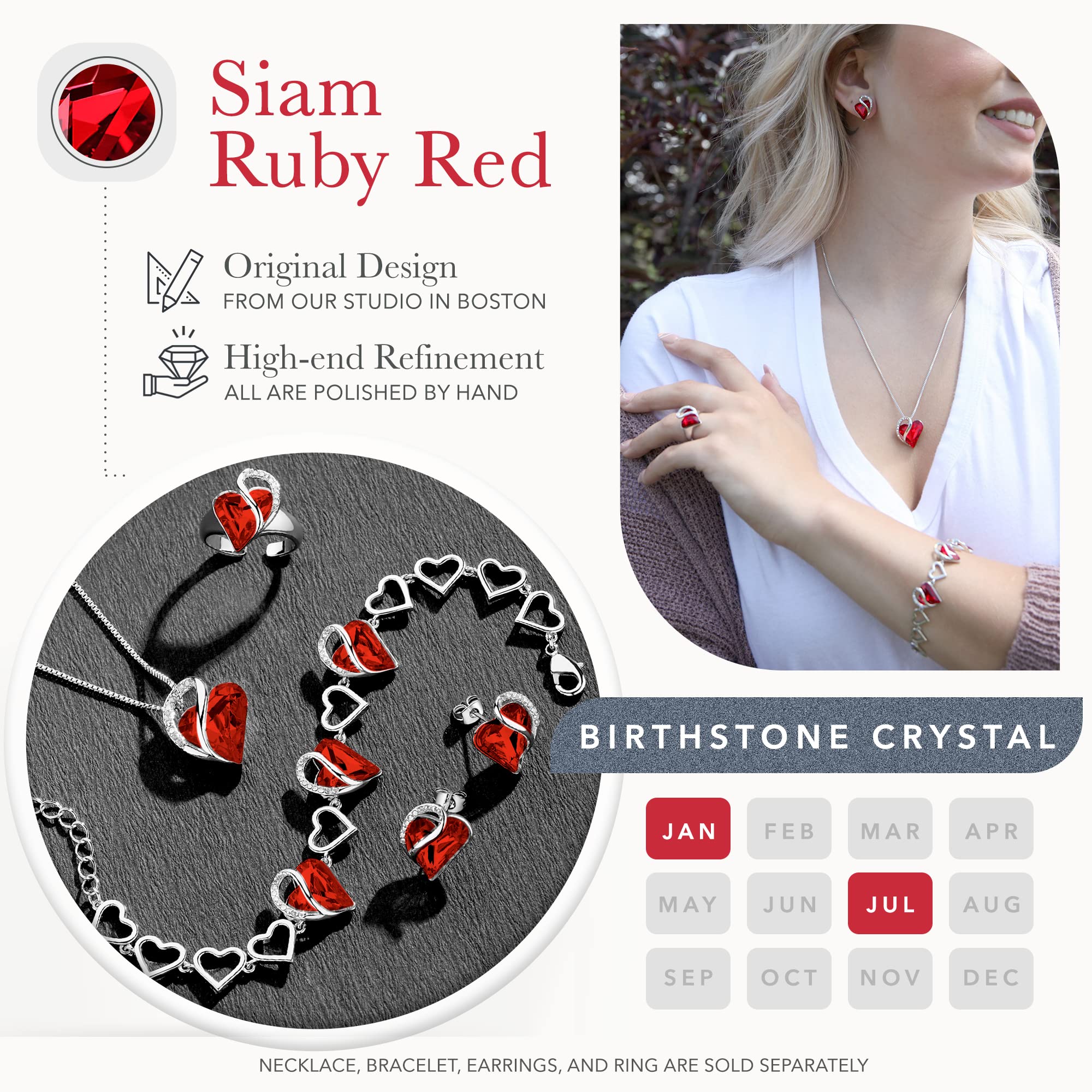 Leafael Infinity Love Heart Gift Bracelet for Women, January & July Birthstone Crystal, Siam Ruby Red, Silver Tone Birthday Jewelry for Her, Mom, and Wife, 7-inch Chain and 2-inch Extender