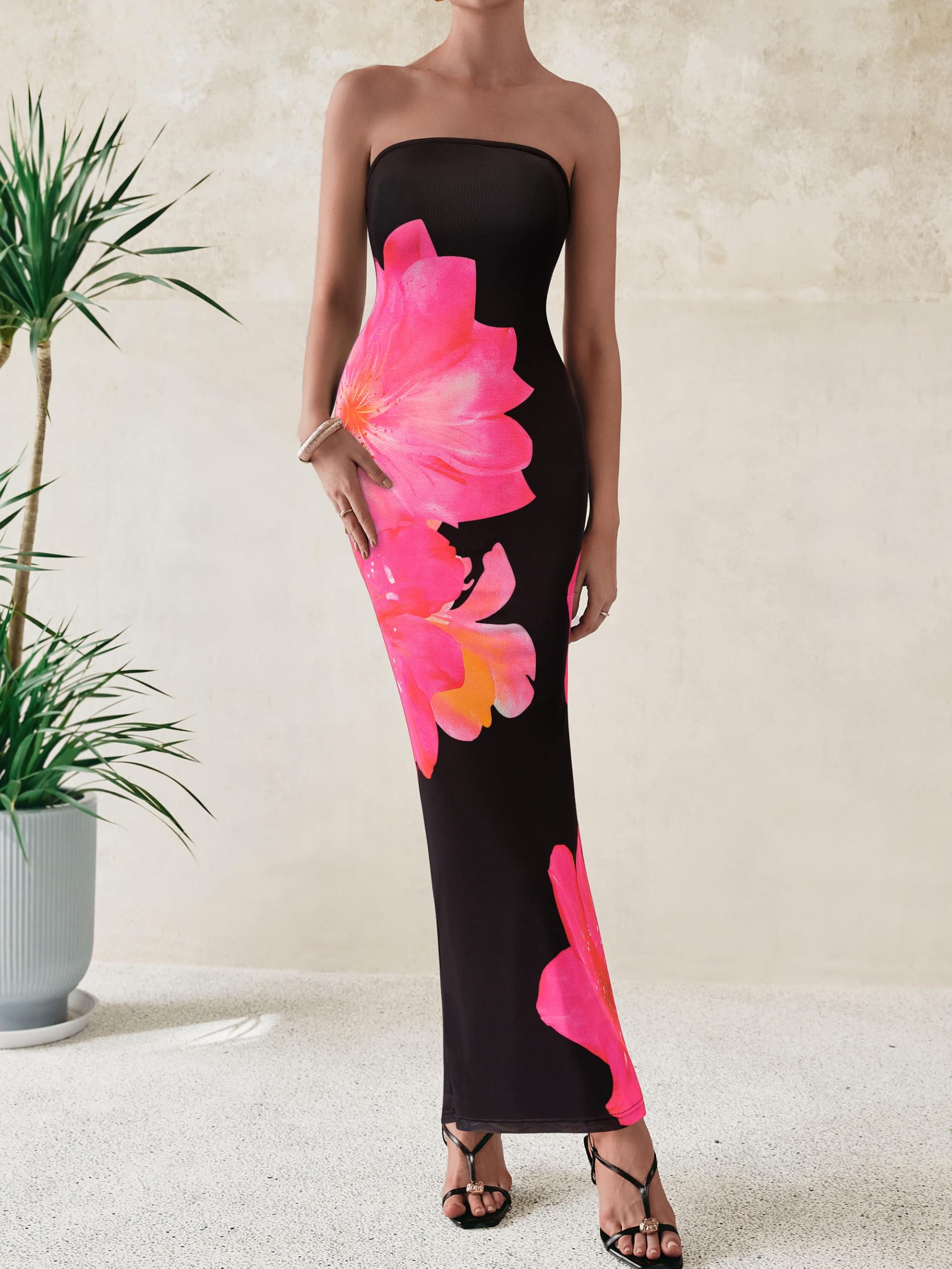 PRETTYGARDEN Women Summer Strapless Maxi Dress Bodycon Floral Sexy Long Wedding Guest Dress Formal Tube Mesh Cocktail Dresses(Black Pink Flower,Medium)