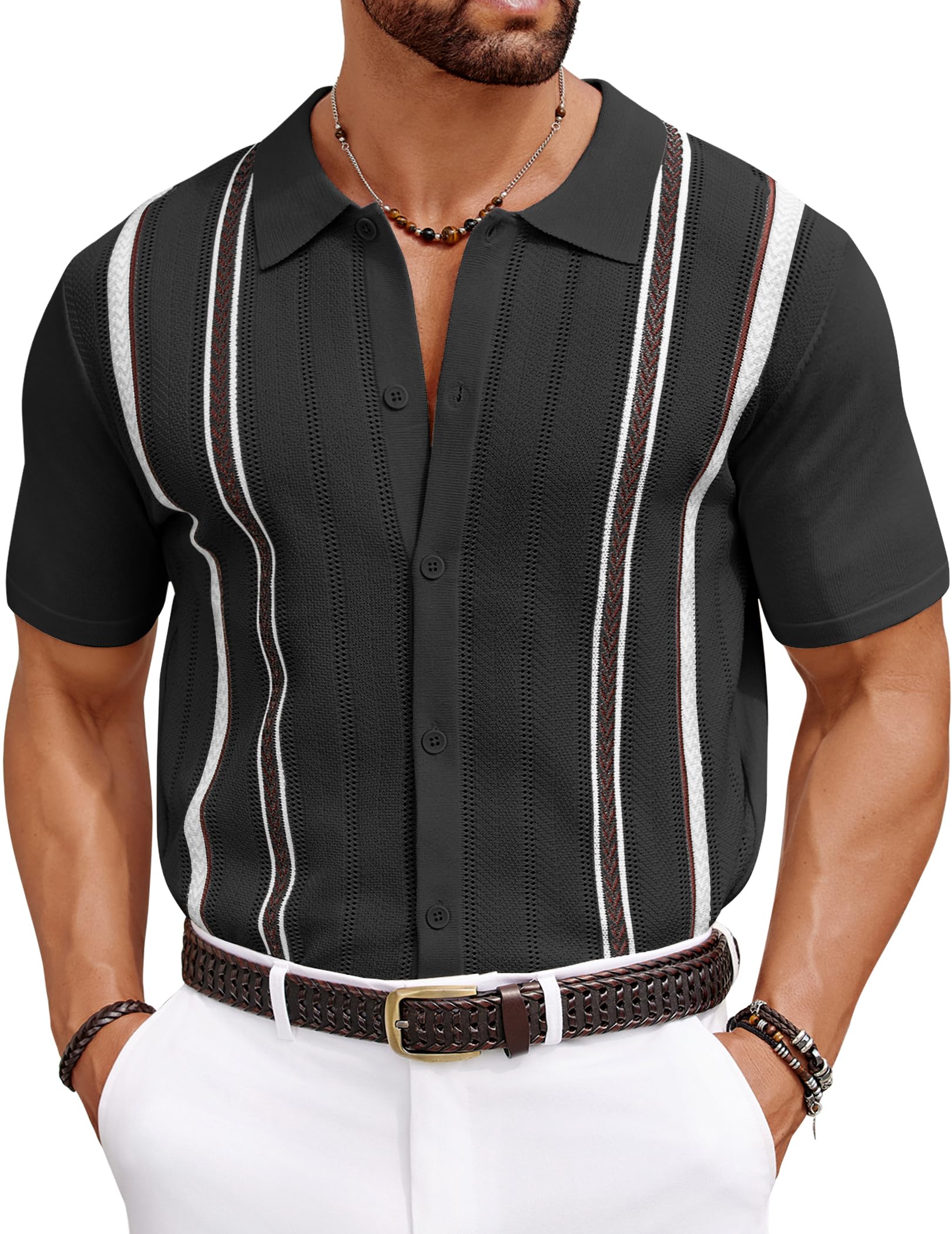 COOFANDY Mens Beach Shirts Cuban Crochet Shirt Short Sleeve Button Down Shirts Trendy Old Money Clothes Bowling Shirts Black XL