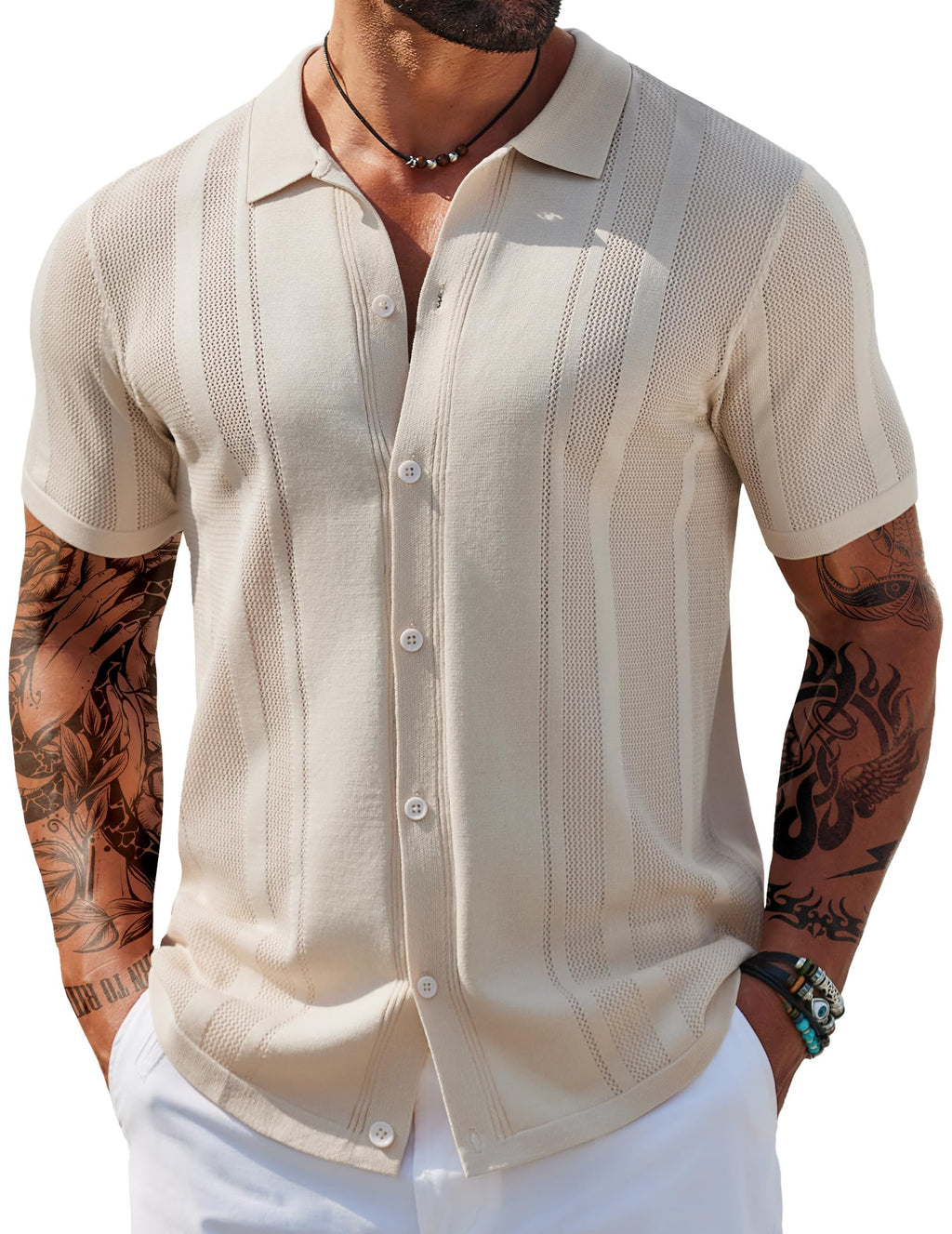 COOFANDY Men's Short Sleeve Knit Shirt Casual Button Down Shirt Vintage Knitted Polo Golf Beach Tops Light Khaki