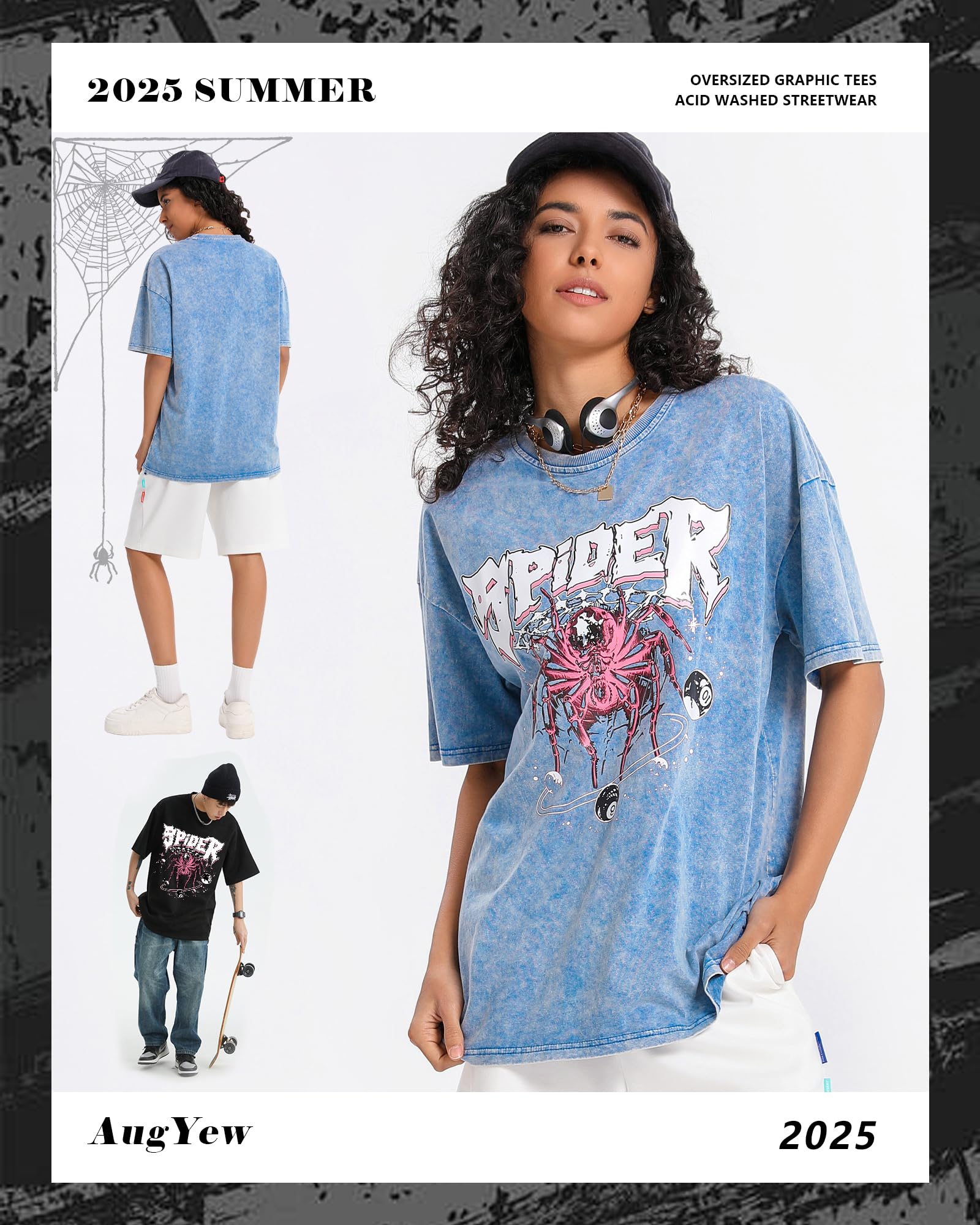 AugYew Graphic Tees Vintage Unisex Cotton Acid Washed Streetwear Oversized T-Shirts Summer Clothes Tops for Men Women,Blue,XL