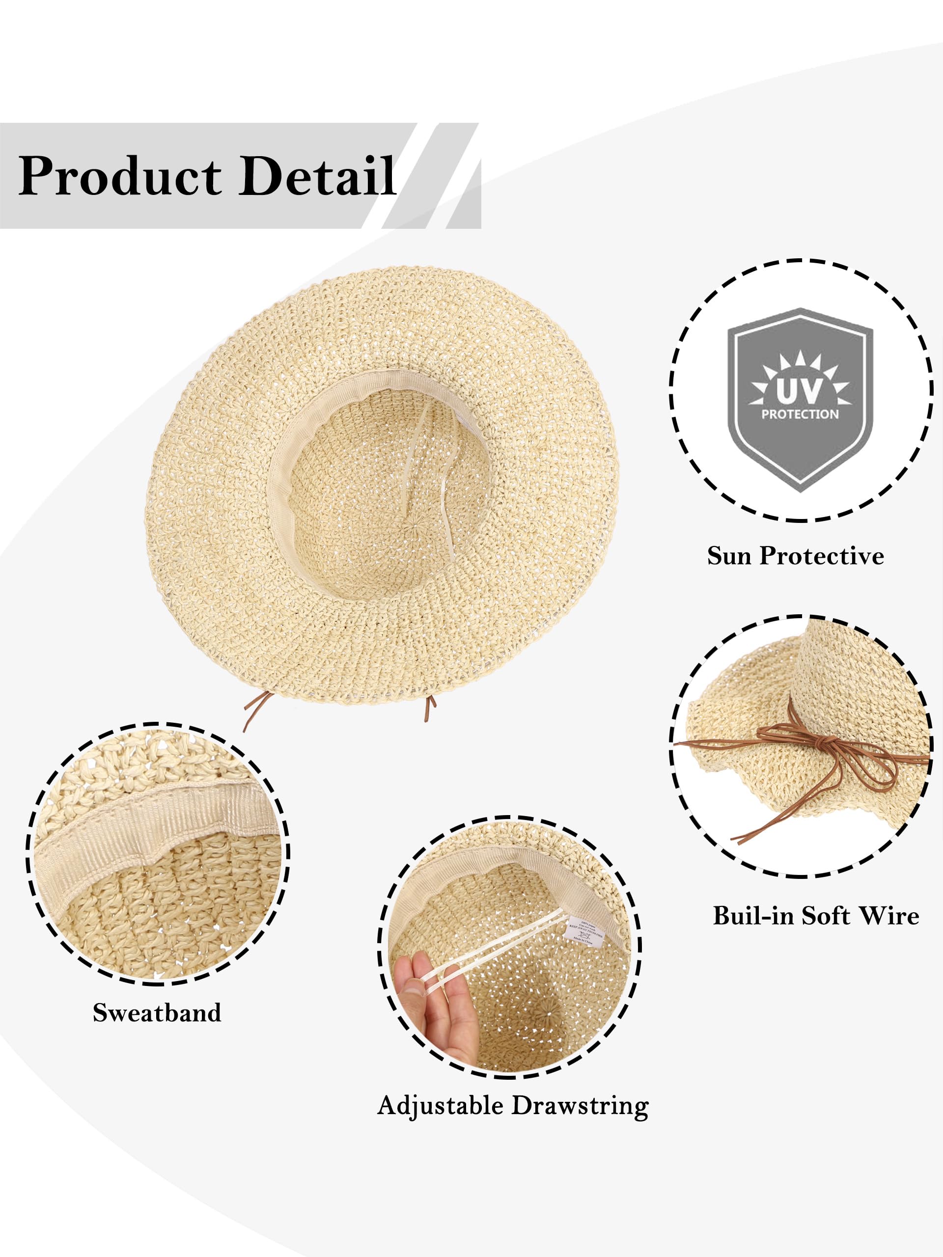 LA CARRIE Women Sun Hats Floppy Foldable Wide Brim UV UPF 50+ Straw Hat with Bow for Summer Beach(Beige)