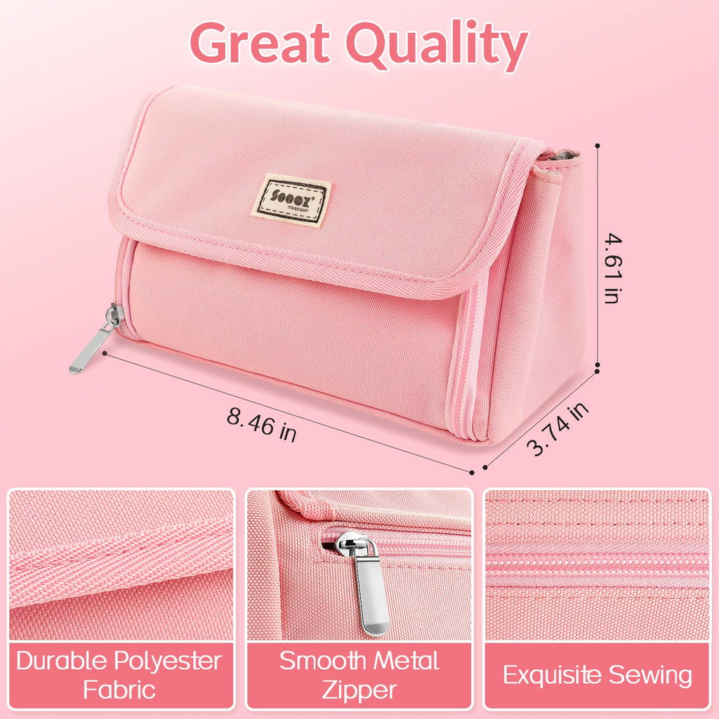 Sooez Super Large Pencil Case, Big Capacity Pencil Bag with 3 Compartments, Hold 200 pencils, Cute Pencil Pouch with Zipper, Portable Stationery Pen Bag, Aesthetic School Supplies For Girls, Pink