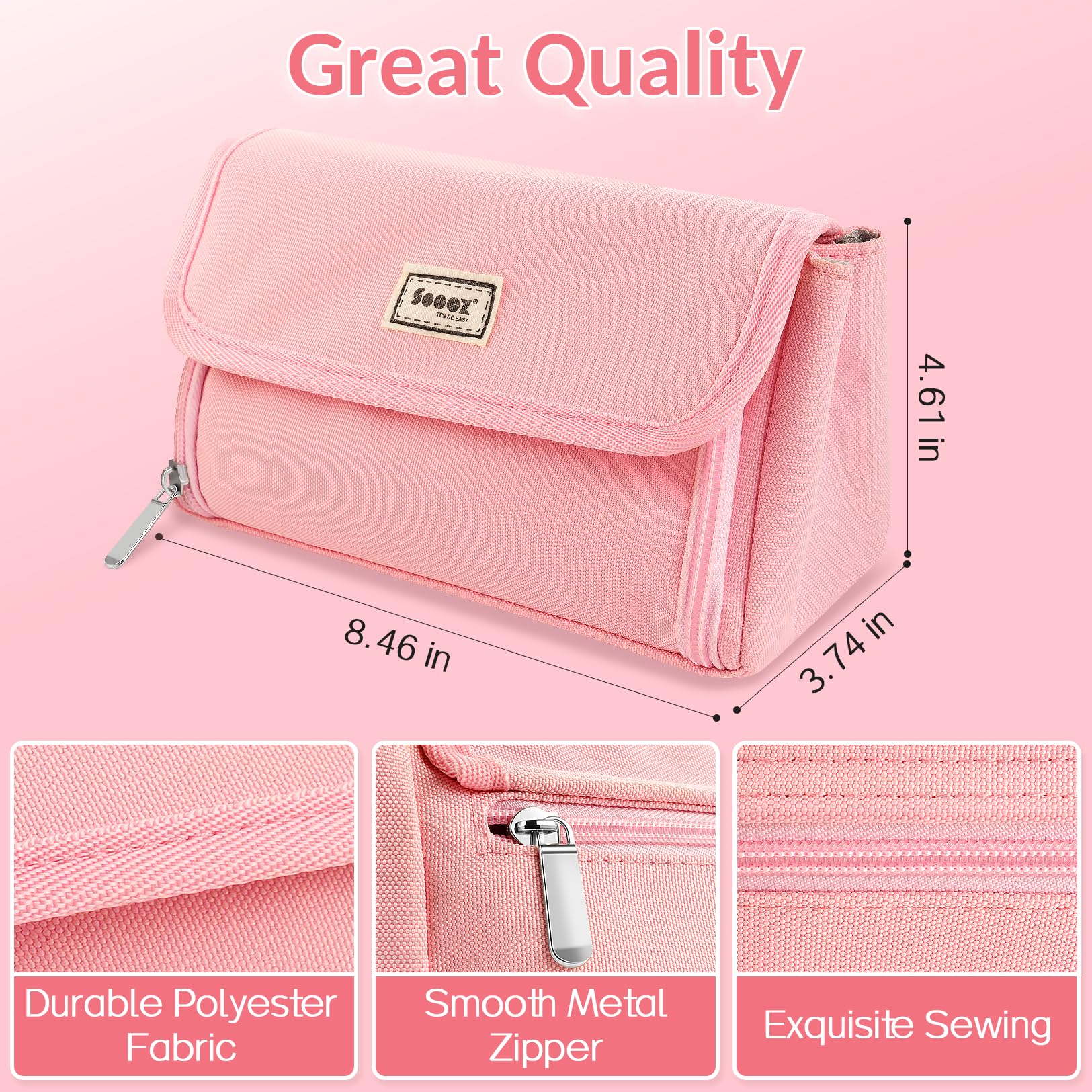 Sooez Super Large Pencil Case, Big Capacity Pencil Bag with 3 Compartments, Hold 200 pencils, Cute Pencil Pouch with Zipper, Portable Stationery Pen Bag, Aesthetic School Supplies For Girls, Pink