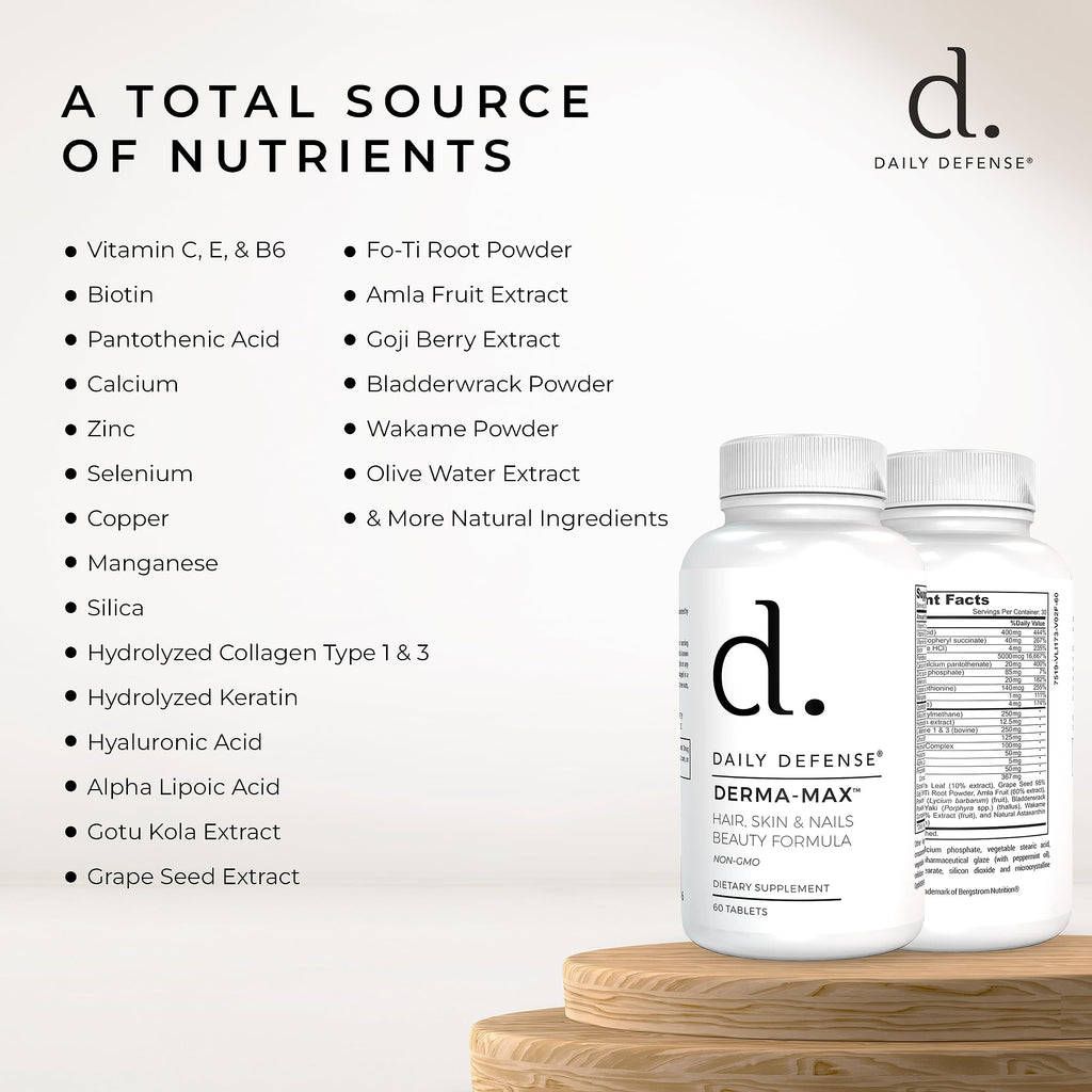 Daily Defense Collagen Supplements for Women - Hair Skin and Nails Vitamins with Biotin and Collagen, Calcium & More for Healthy Hair, Healthy Nails & Healthy Skin - Hair Vitamins for Men & Women
