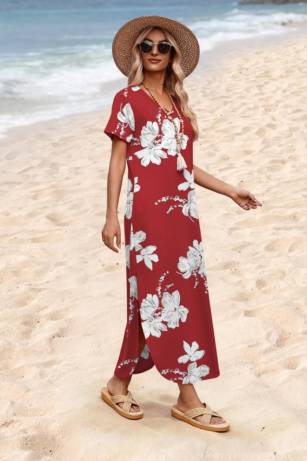 WIHOLL Maxi Dresses for Women Elegant Classy 2026 Beach Vacation Clothes Summer Outfits Hawaiian Tropical Dress Floral Red M