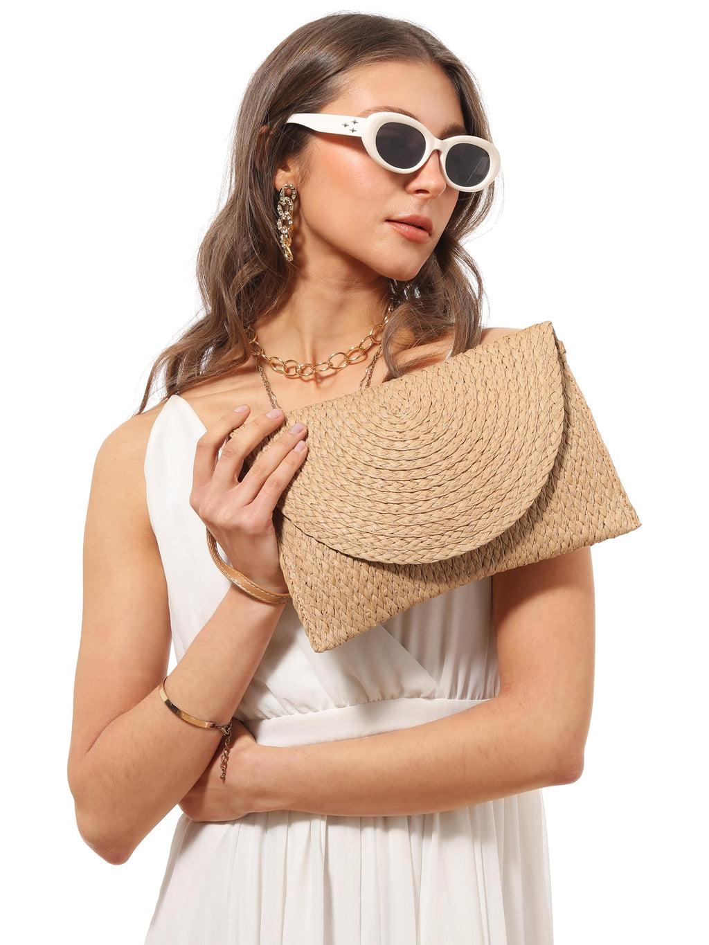 LA CARRIE Beach Bags Straw Purse for Women Shoulder Woven Clutch Envelope Crossbody Bag Handbags for Summer Vacation(Khaki 1)