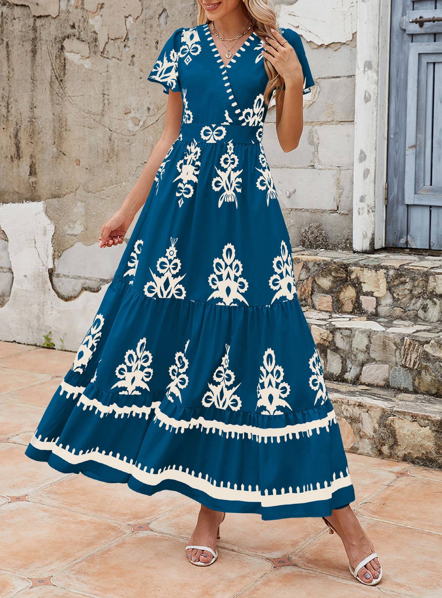 PRETTYGARDEN Womens 2026 Summer Casual V Neck Boho Maxi Dress Flowy Aline Bell Sleeve Tiered Floral Dresses with Pocket (Floral Lake Blue White,XX-Large)