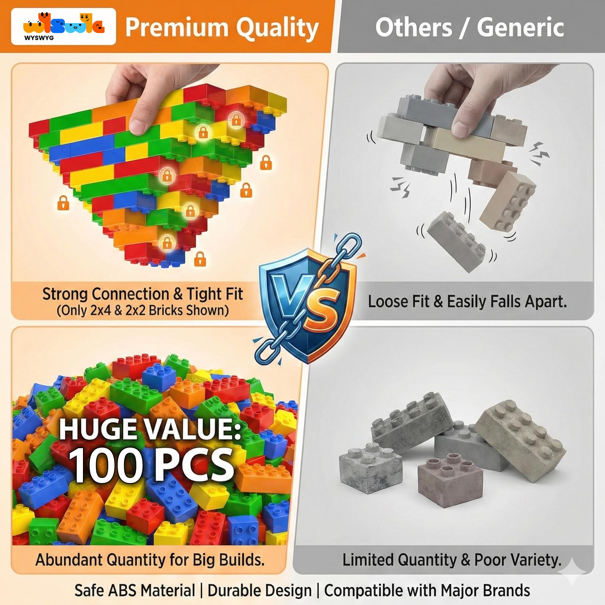 WYSWYG 100 Pcs Jumbo Building Blocks Set for Toddlers (80 Square & 20 Rectangle) | Compatible Big Construction Bricks in 5 Colors | Kids Ages 3+ STEM Toy