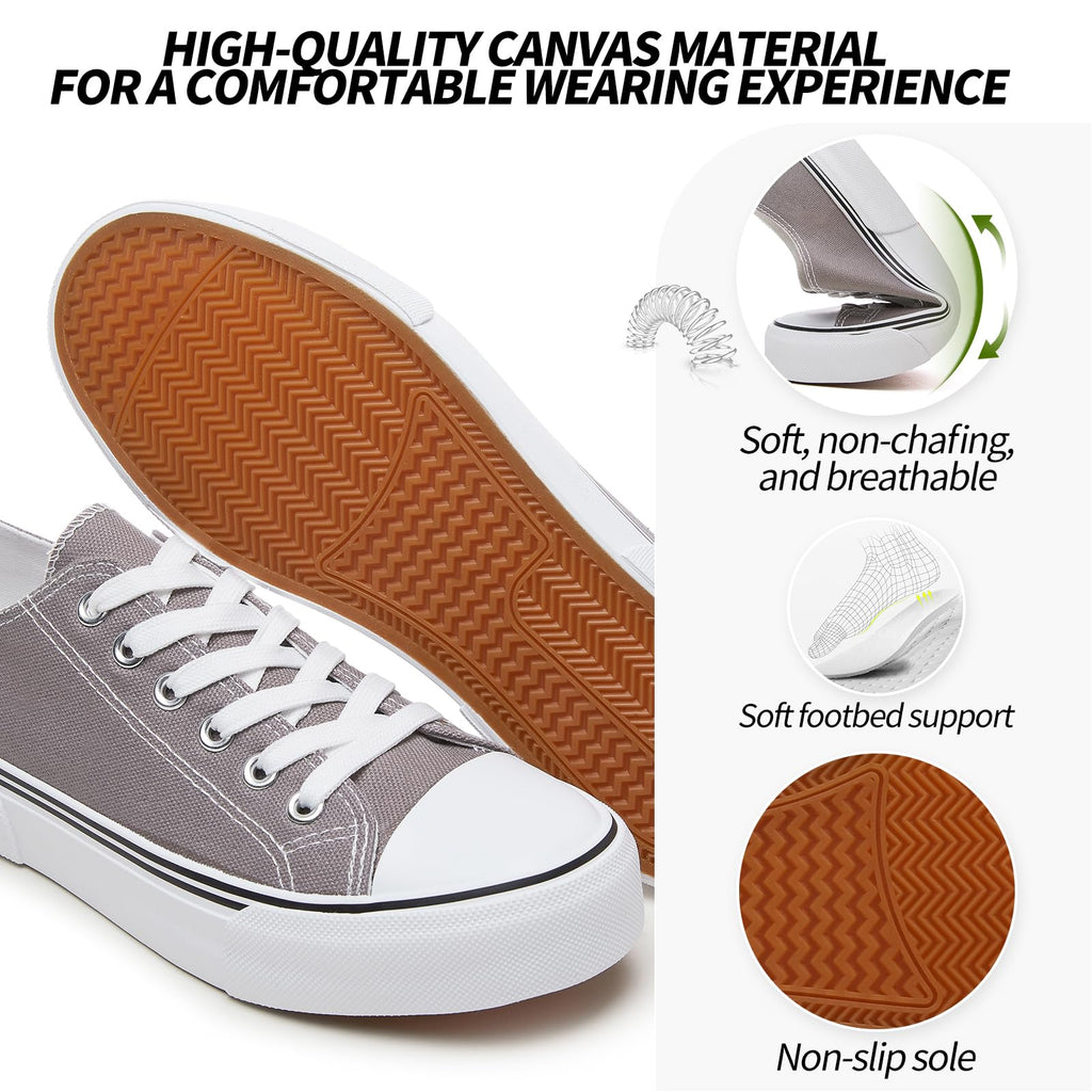 Adokoo Canvas Tennis Shoes for Women Low Top Casual White Black Sneakers for Women Lace Up Fashion Comfortable Walking Shoes (Grey,8.5)