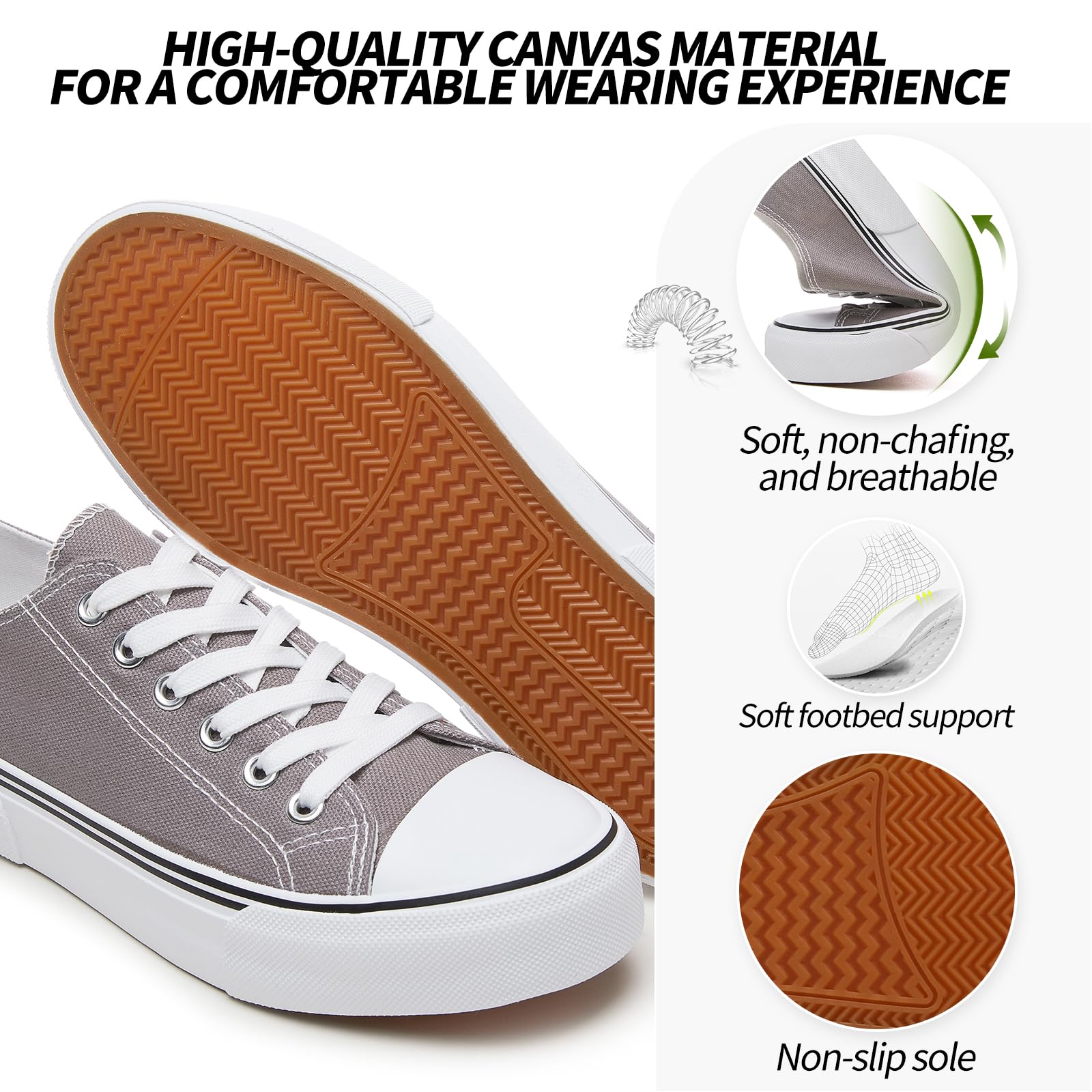 Adokoo Canvas Tennis Shoes for Women Low Top Casual White Black Sneakers for Women Lace Up Fashion Comfortable Walking Shoes (Grey,8.5)