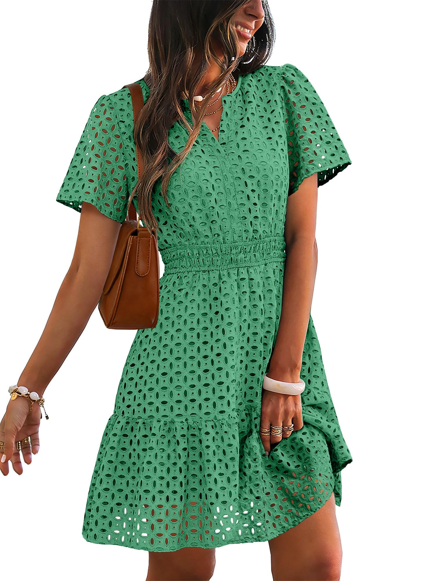 RUMIA Summer Dresses for Women 2026 V Neck Eyelet A Line Graduation Beach Wedding Guest Spring Dress Green Medium