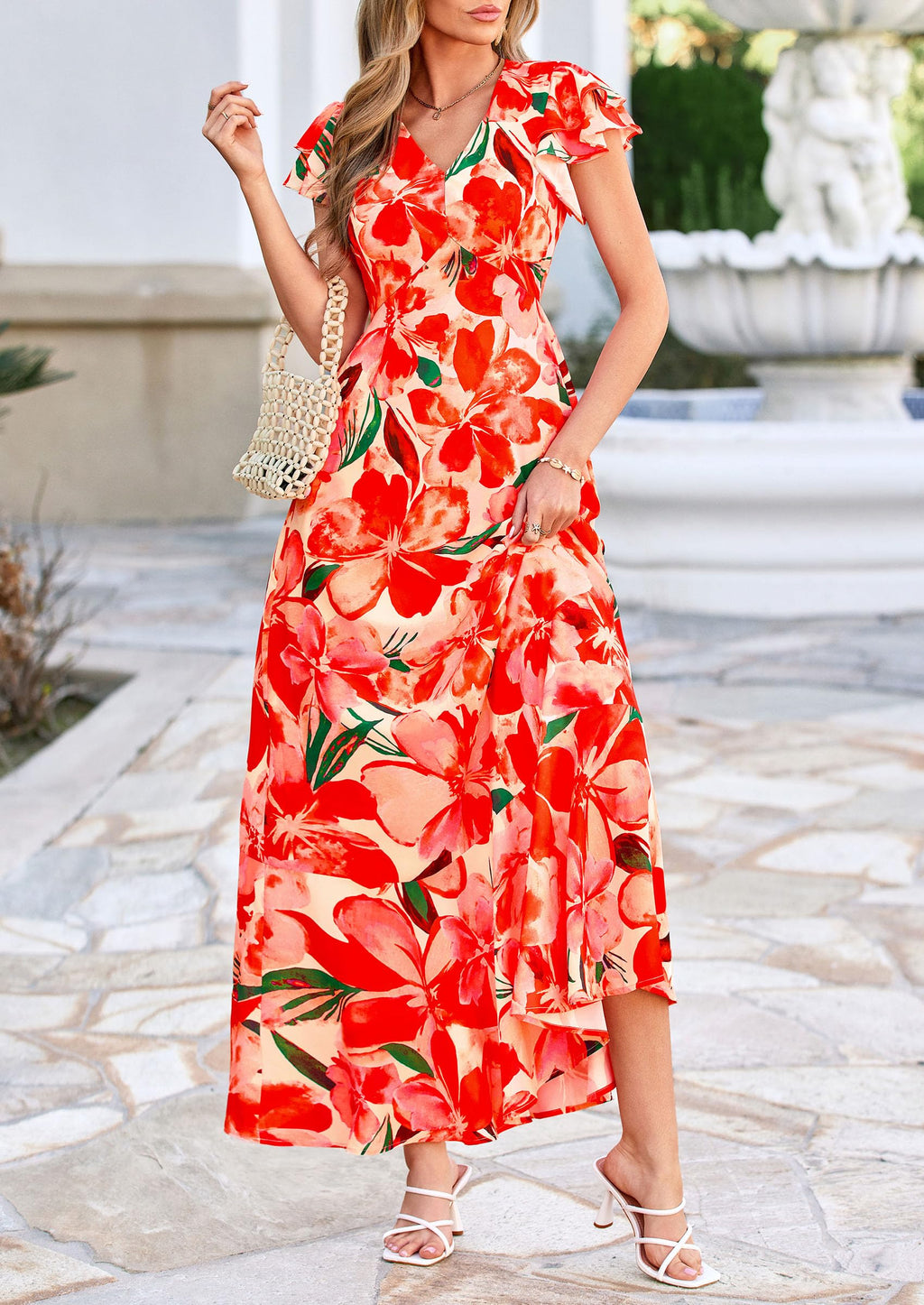 PRETTYGARDEN Spring Dresses for Women 2026 Summer Boho Floral Ruffle Short Sleeve Flowy Beach Wedding Guest Maxi Long Dress(Print Orange,X-Large)