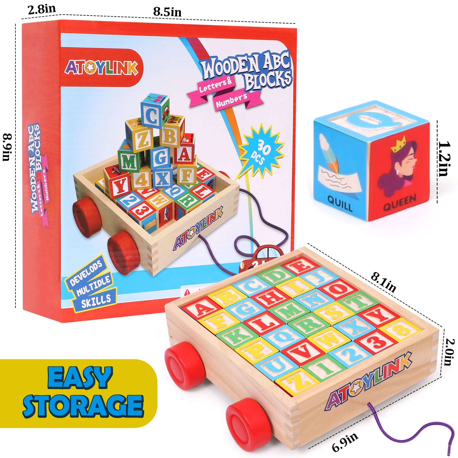 Atoylink ABC Wooden Building Blocks for Toddlers 1-3, 30 Pcs Alphabet & Number Stacking Toys with Storage Pull Toy Car Learning & Education Montessori Toys for 1 2 3 Year Old Baby Boy Girl Gifts