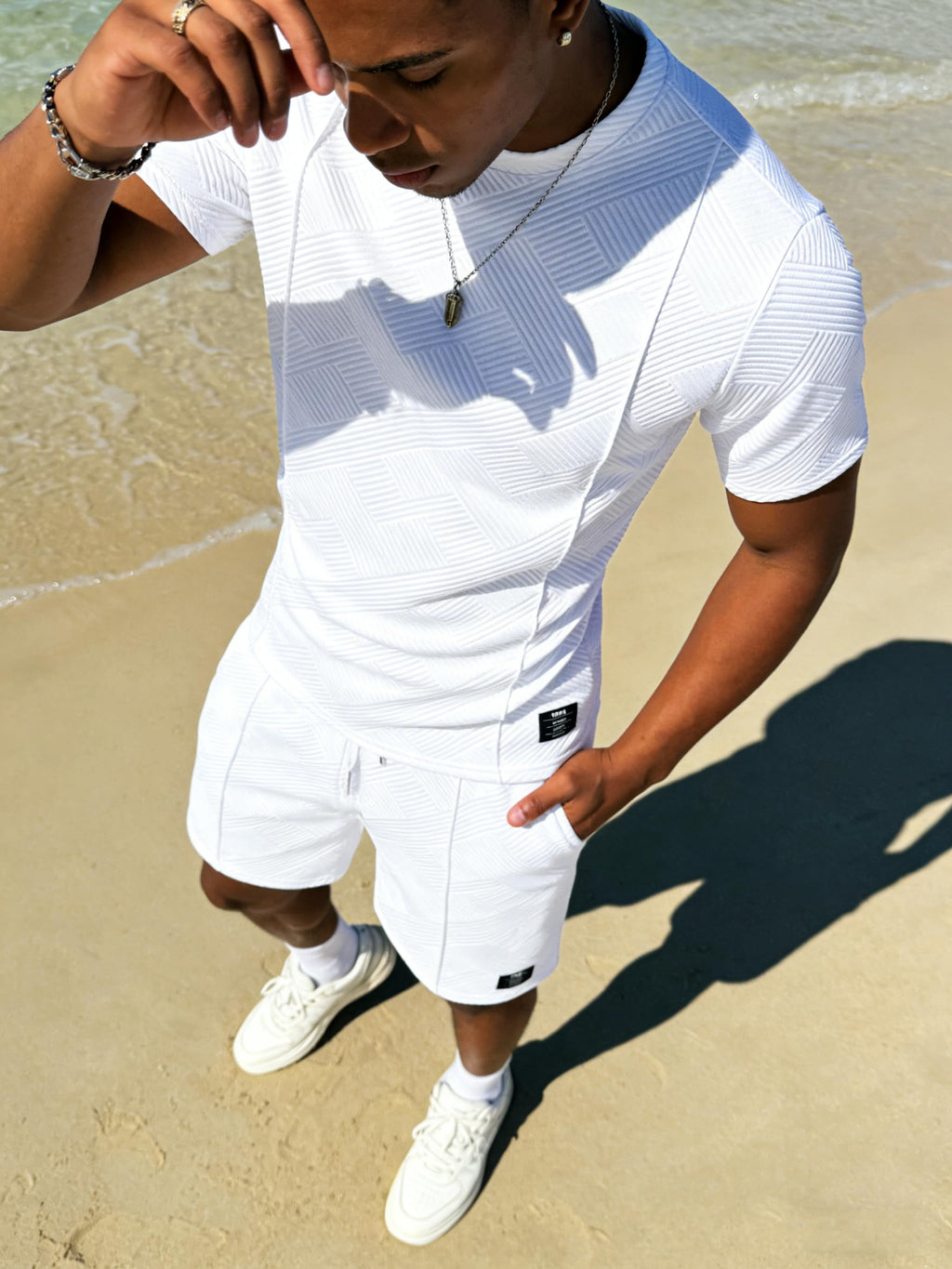 UOUA Mens Short Sets 2 Piece Summer Outfits Casual Short Sleeve Crew-Neck Shirts & Shorts Track Suit Jogging Loungewear White S