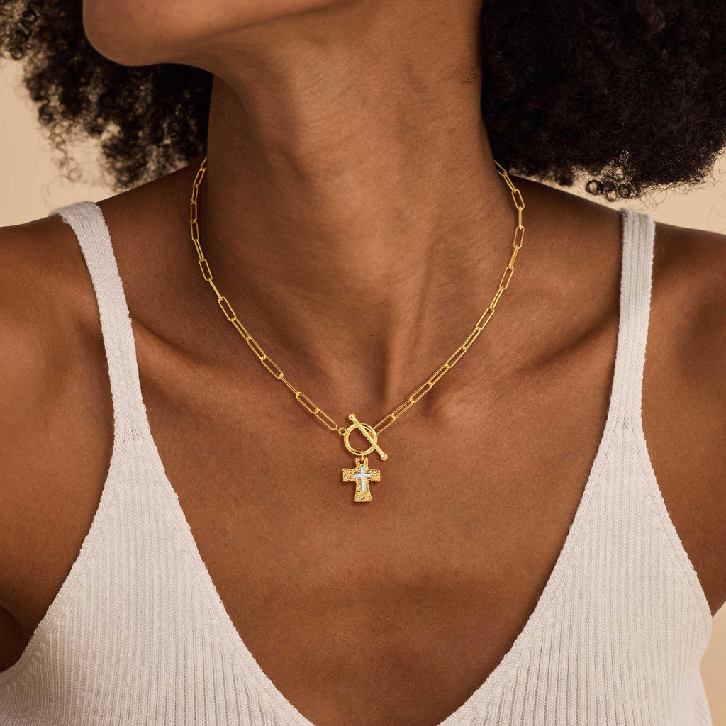 Treasure Bender Cross Necklace for Women Trendy -14K Gold Plated Chunky Gold Silver Cross Pendant Necklace Waterproof Non Tarnish Jewelry Christian Gift for Women