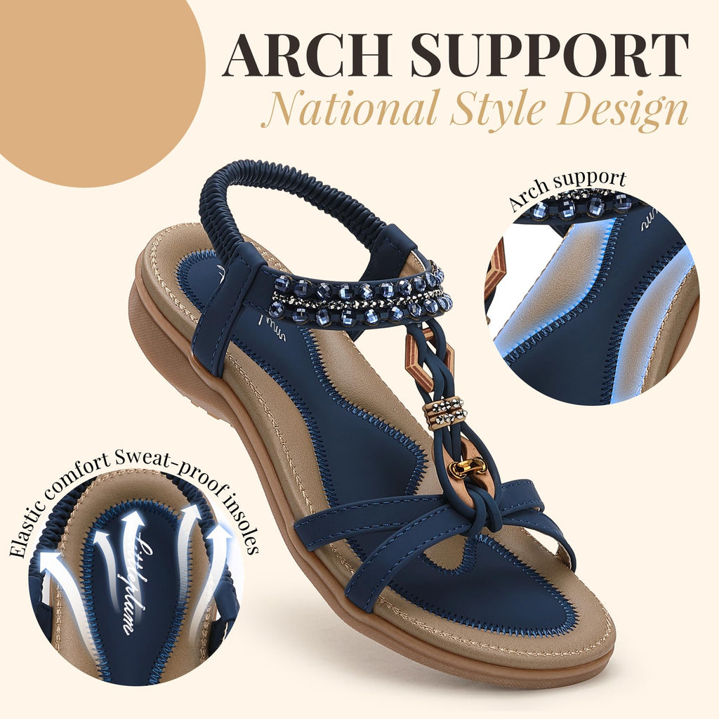 Littleplum Womens Sandals Arch Support Slingback Rhinestone Dressy Sandals Comfort Summer Shoes Ankle Strap Elastic Flats for Beach Walking Stylish Navy Blue Size 6