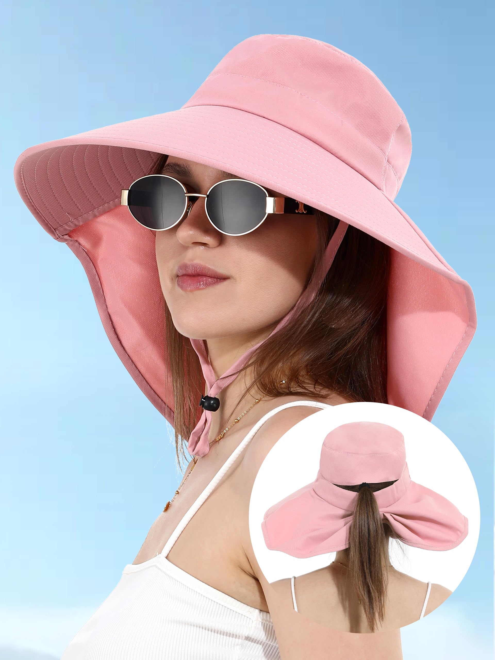 LA CARRIE Women Sun Hats Breathable Wide Brim UV Protection UPF 50+ with Neck Flap Hat for Summer Beach(Pink)